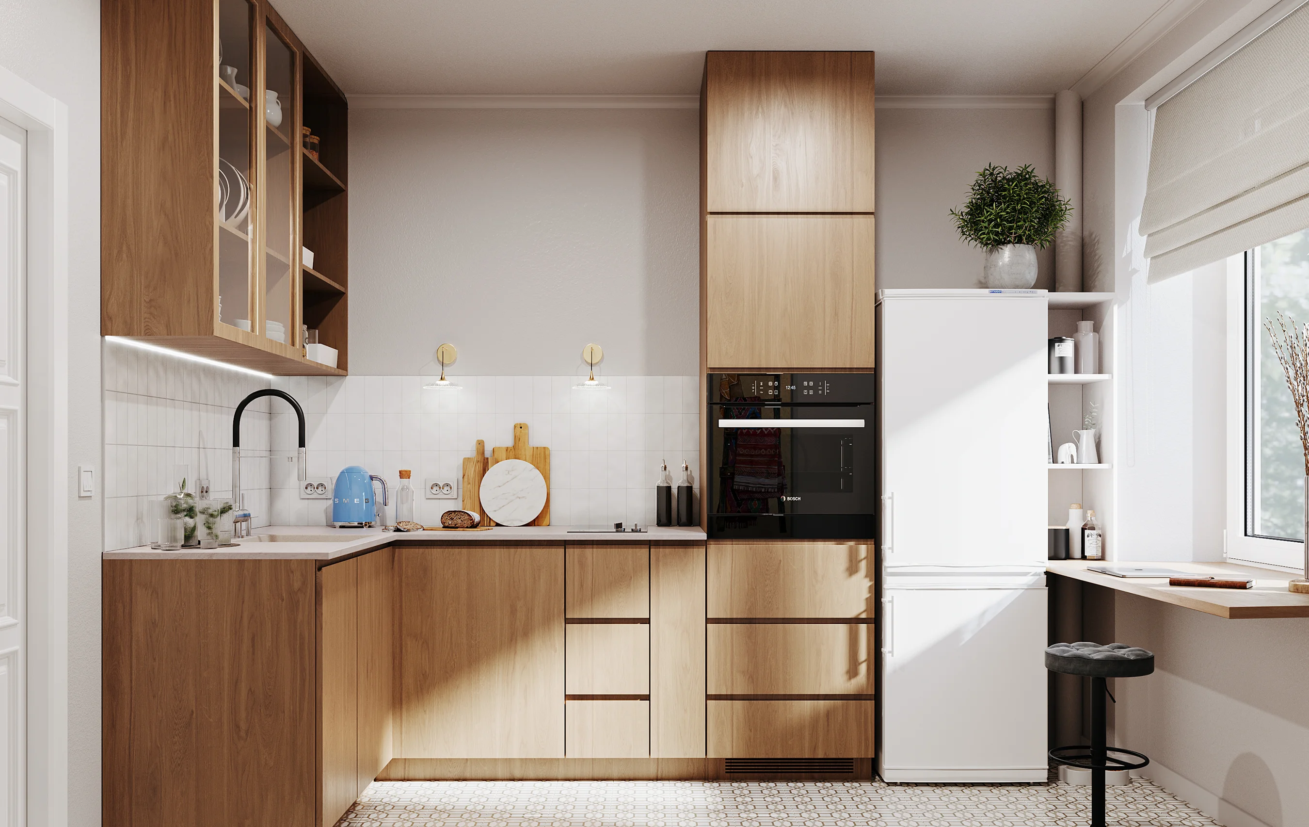 Architectural visualization of a contemporary open-plan kitchen with built-in appliances, a breakfast bar, and ample natural light