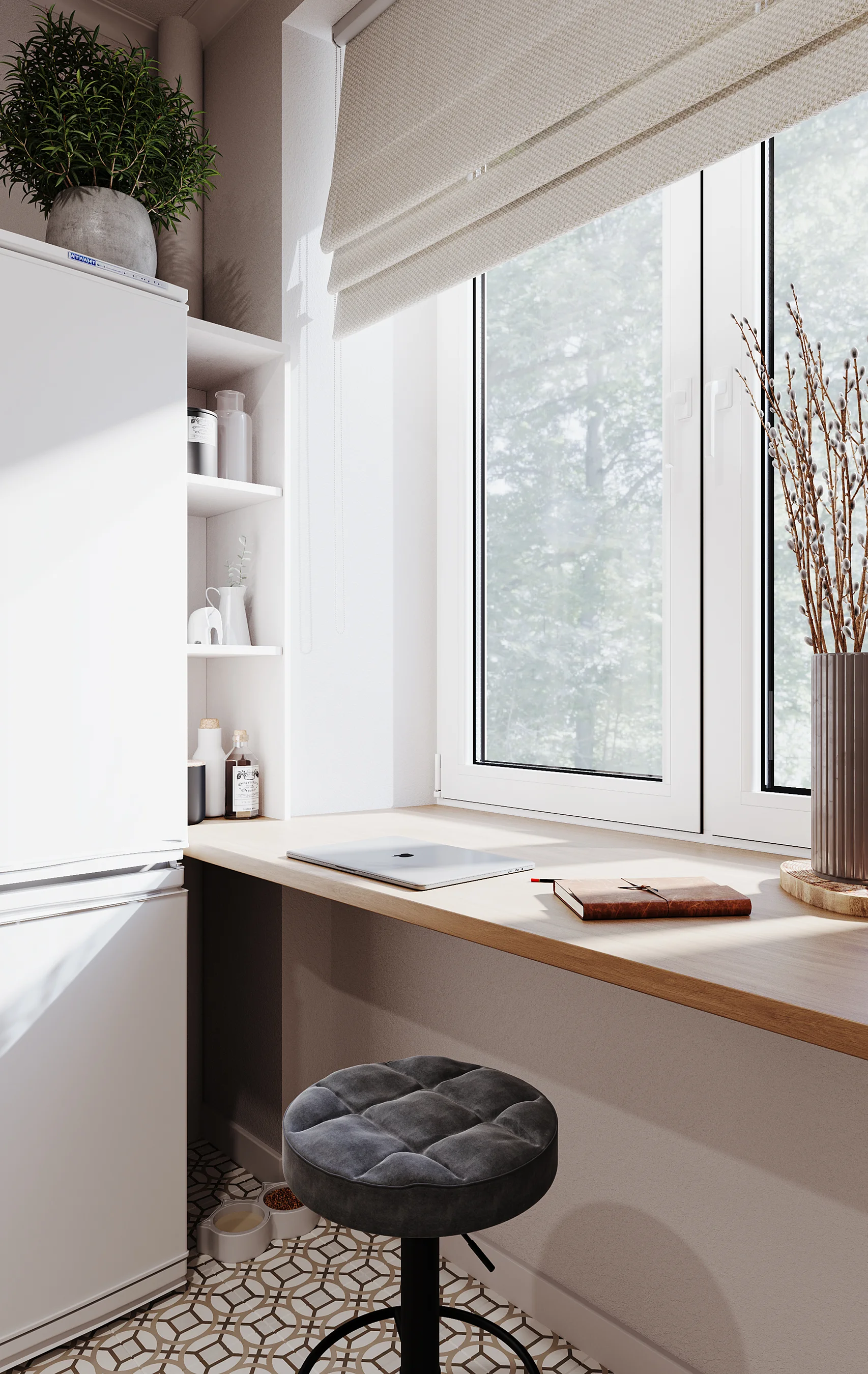 Close-up 3D render of a kitchen breakfast bar by the window, styled with a laptop, notebook, and a gray velvet bar stool
