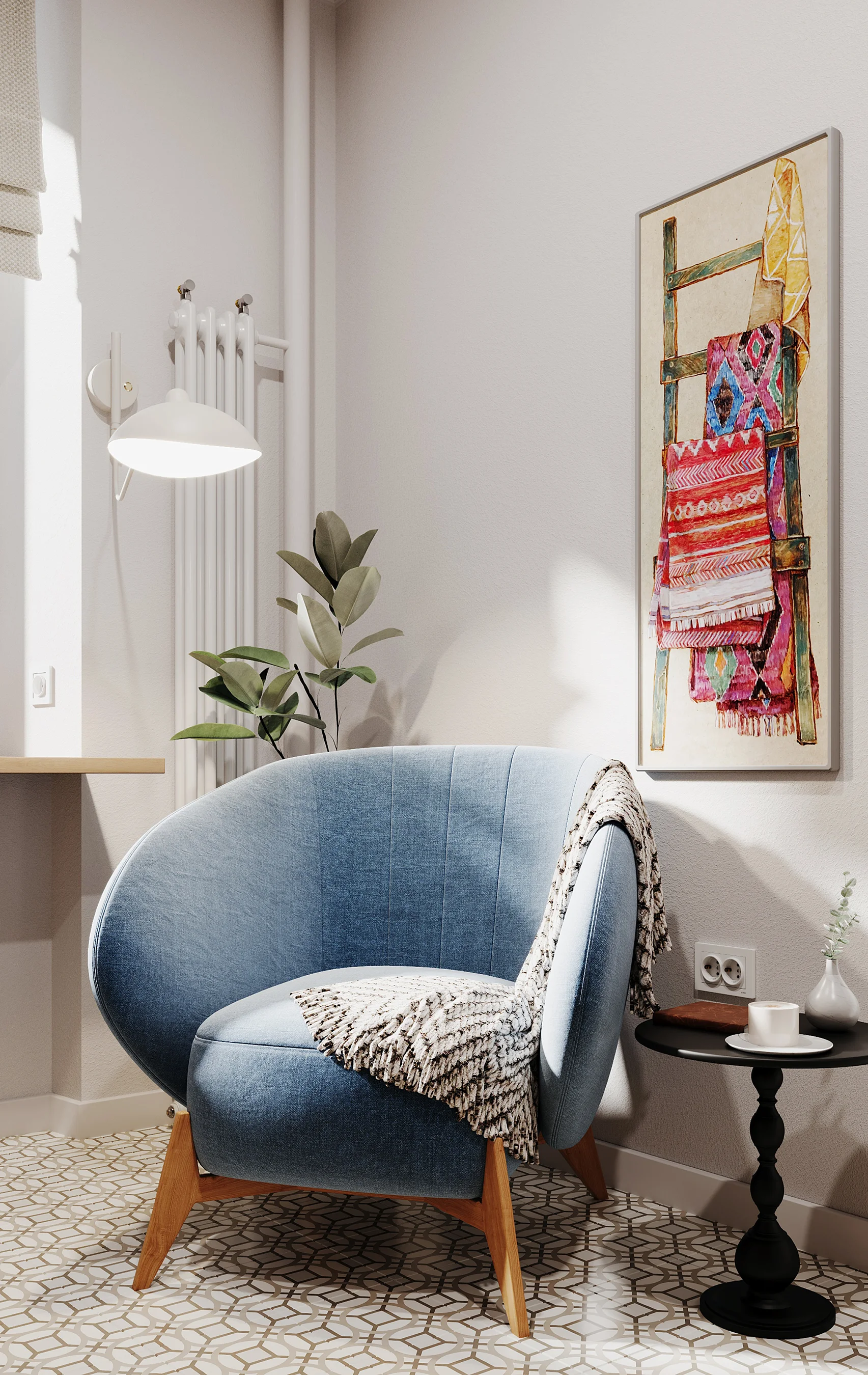 3D visualization of a cozy reading nook in a residential apartment, featuring a curved blue armchair, a black side table, and vibrant textile art