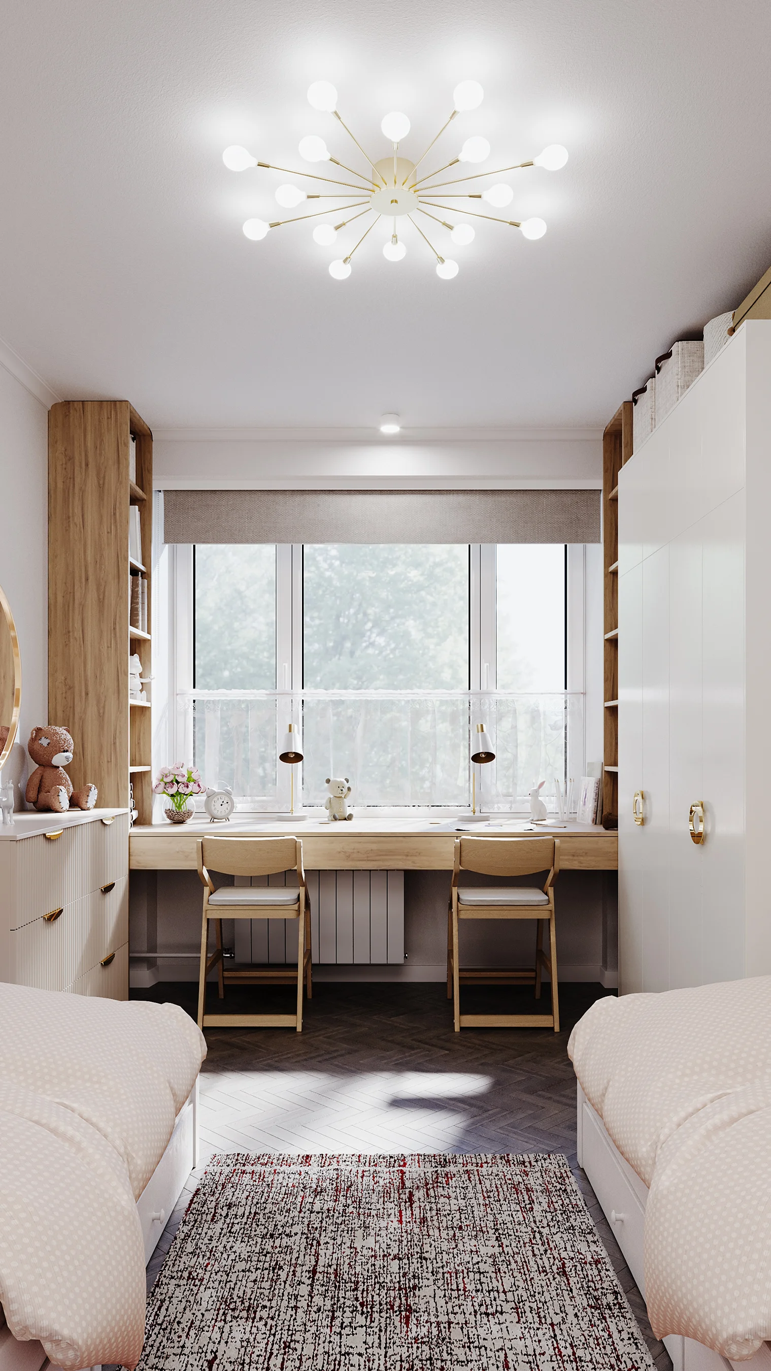 Interior rendering of a shared children's bedroom with twin beds, a custom wooden double desk under a large window, and a modern sputnik chandelier
