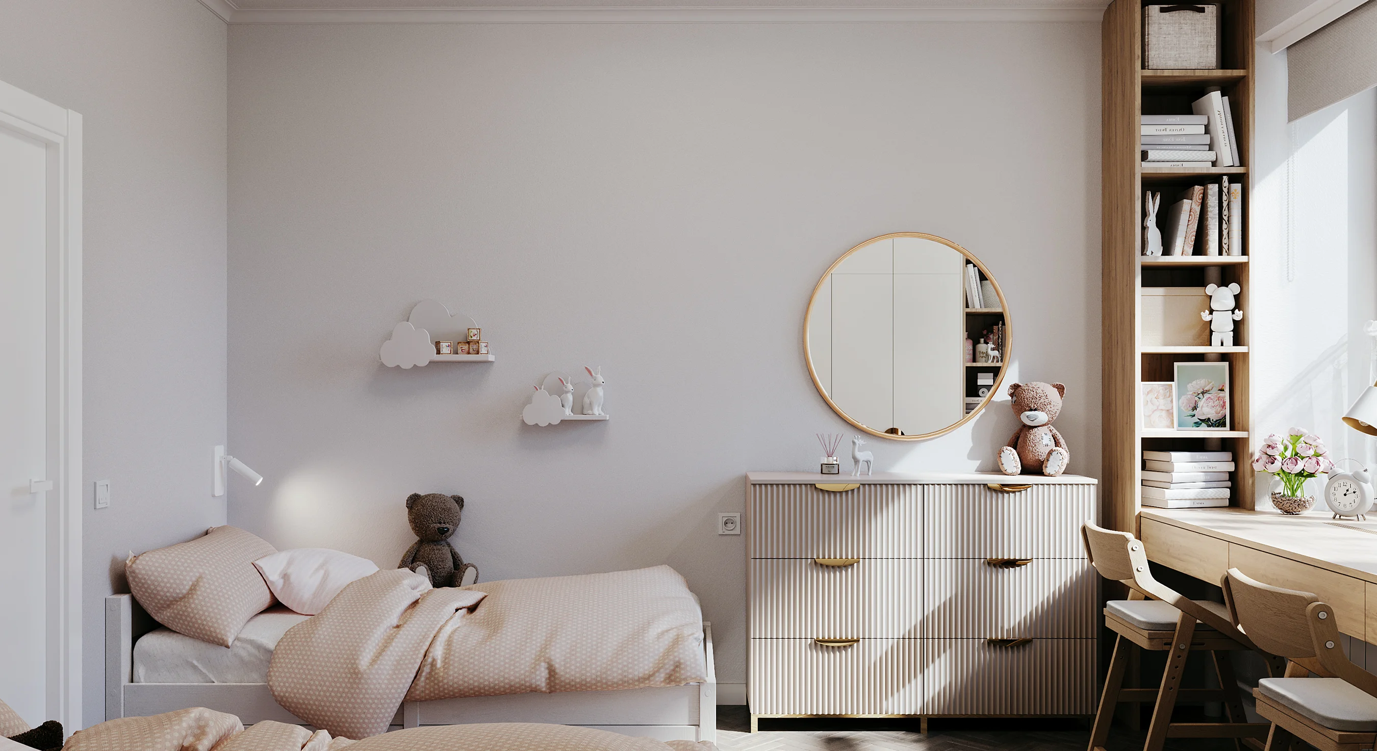 3D architectural visualization of a kids' bedroom showing a fluted dresser, a round brass mirror, and built-in floor-to-ceiling bookshelves