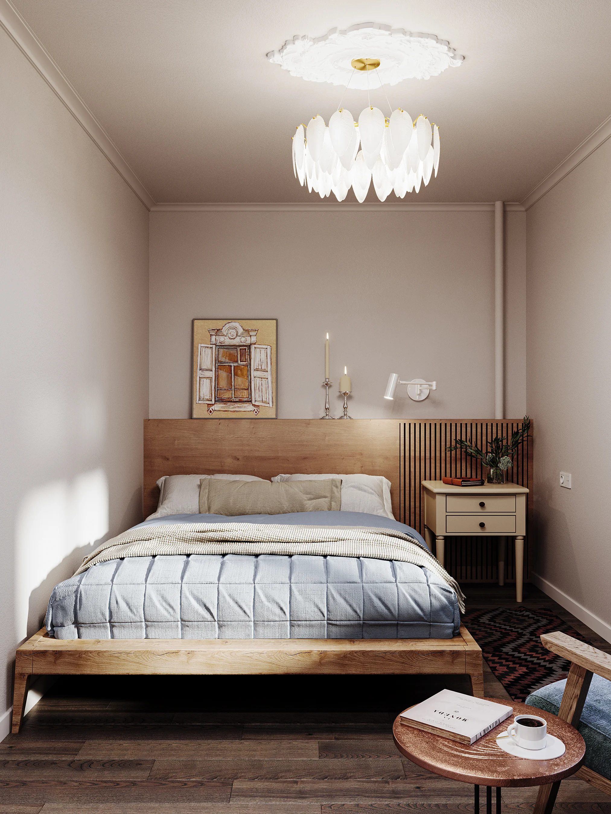 High-end 3D rendering of a serene master bedroom featuring a wooden platform bed, a slatted wood headboard, and a delicate leaf-motif chandelier