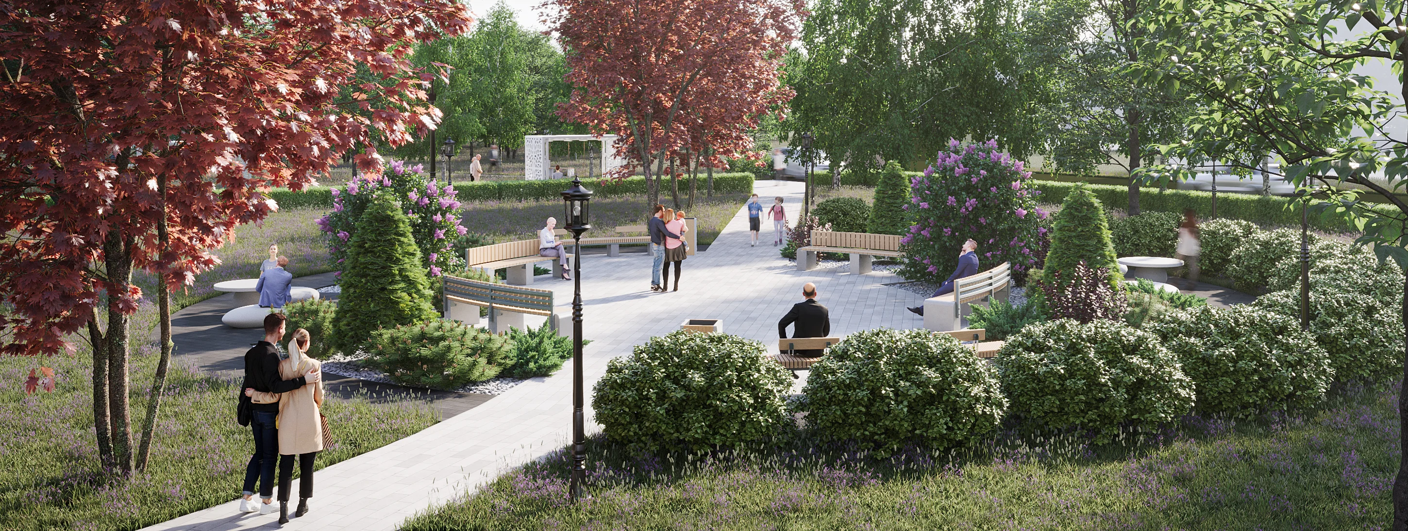 3D architectural visualization of a classic municipal park plaza, featuring curved seating, a vintage black lamppost, and vibrant seasonal landscaping