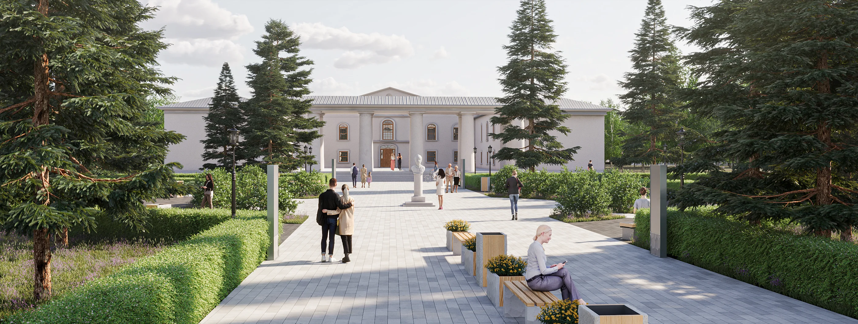 Ground-level 3D visualization of a formal central promenade leading to a classical civic building, lined with manicured hedges and tall evergreen trees