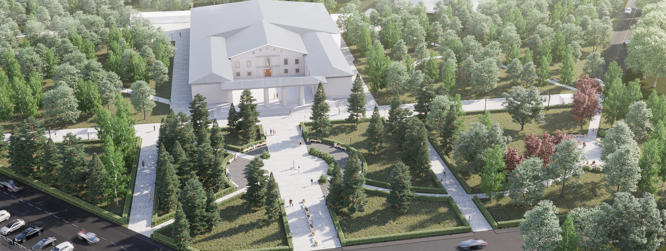 Angled aerial 3D landscape rendering showcasing a geometric park master plan, with radiating pathways converging at a historic municipal building