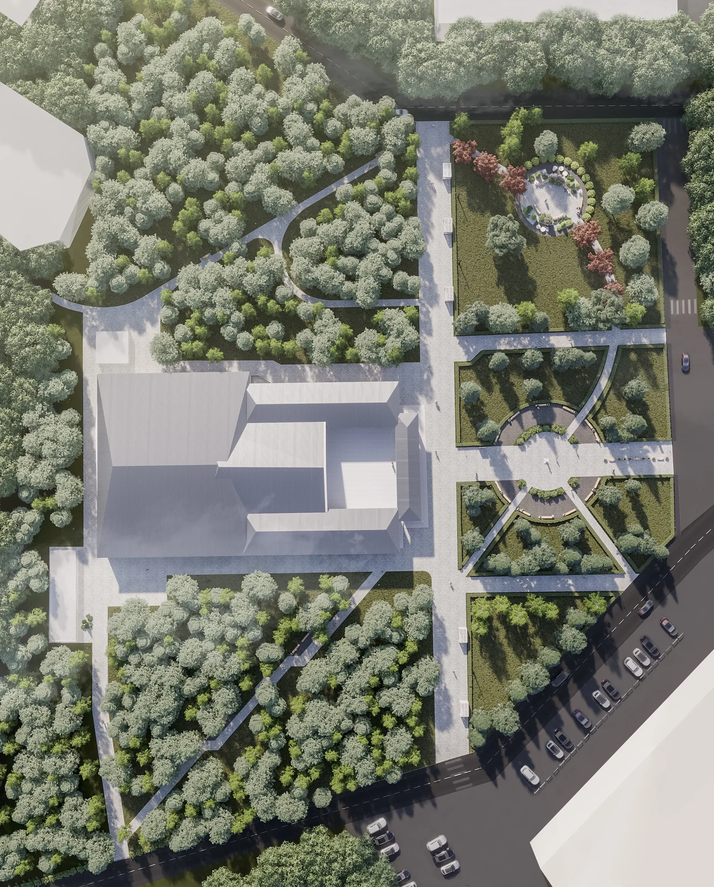 Top-down orthographic 3D visualization of an urban park layout, detailing the structured landscaping, civic architecture, and a circular seating plaza