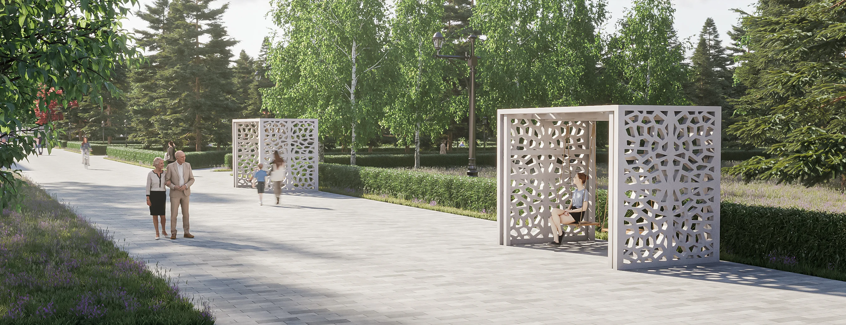 3D exterior rendering of modern white perforated swing pavilions situated along a bright, tree-lined pedestrian walkway in a public park