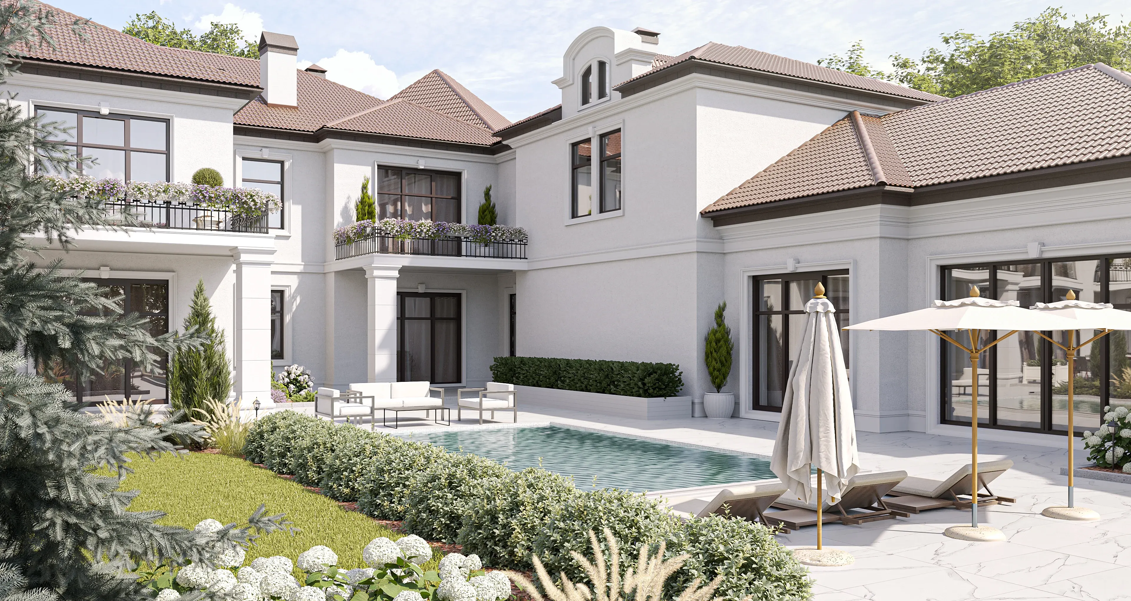 3D visualization of a private courtyard pool and lounge area at a luxury lakeside mansion, surrounded by manicured gardens