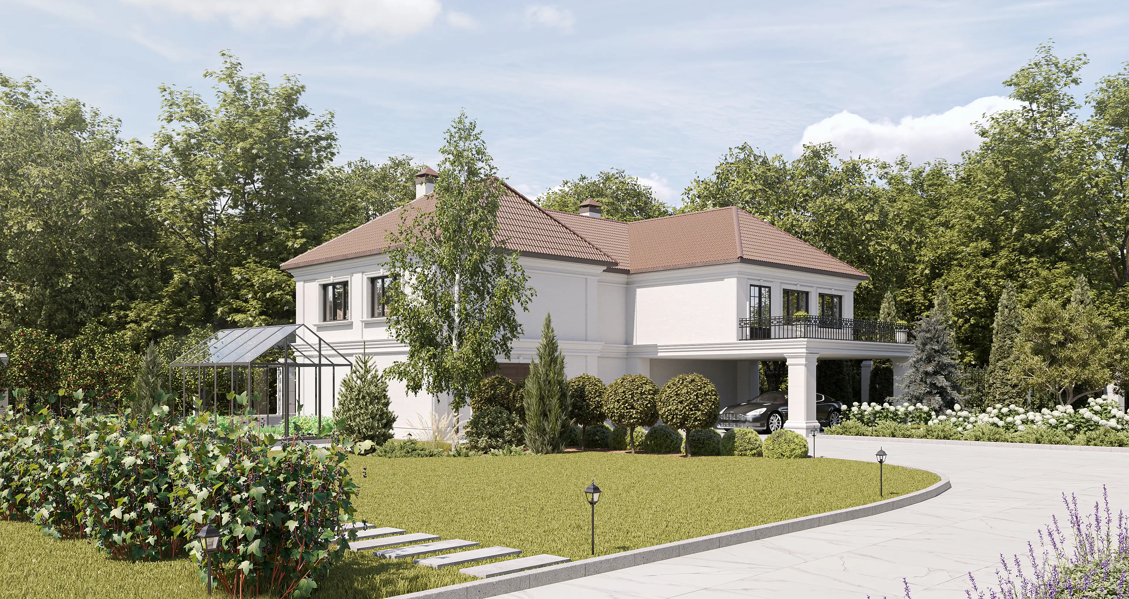Architectural rendering of a classical detached guest house and carport nestled in the lush landscaping of a lakeside estate