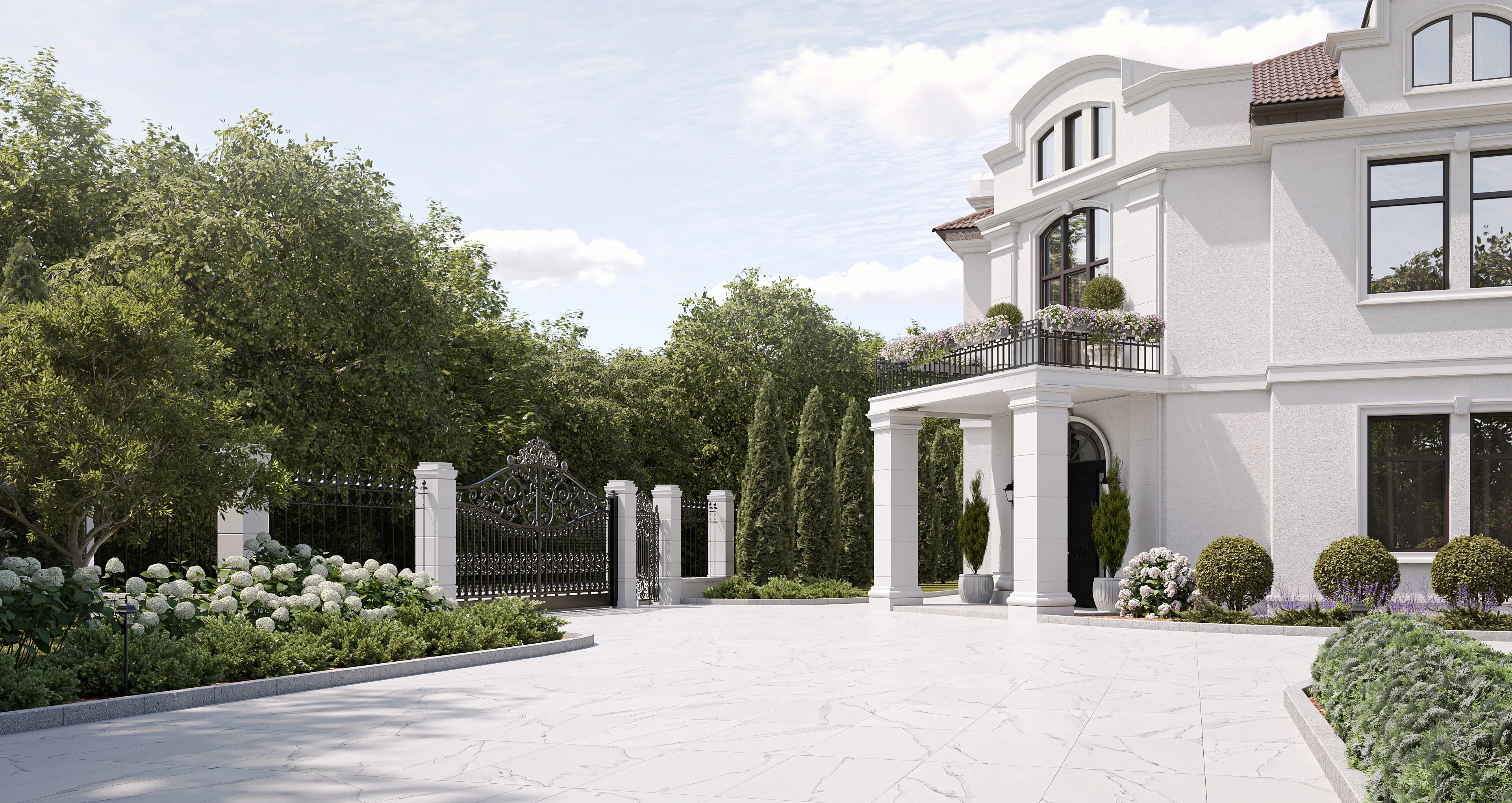 Wrought-iron driveway gate and classical front entrance of a high-end waterfront property, showcasing detailed 3D landscaping