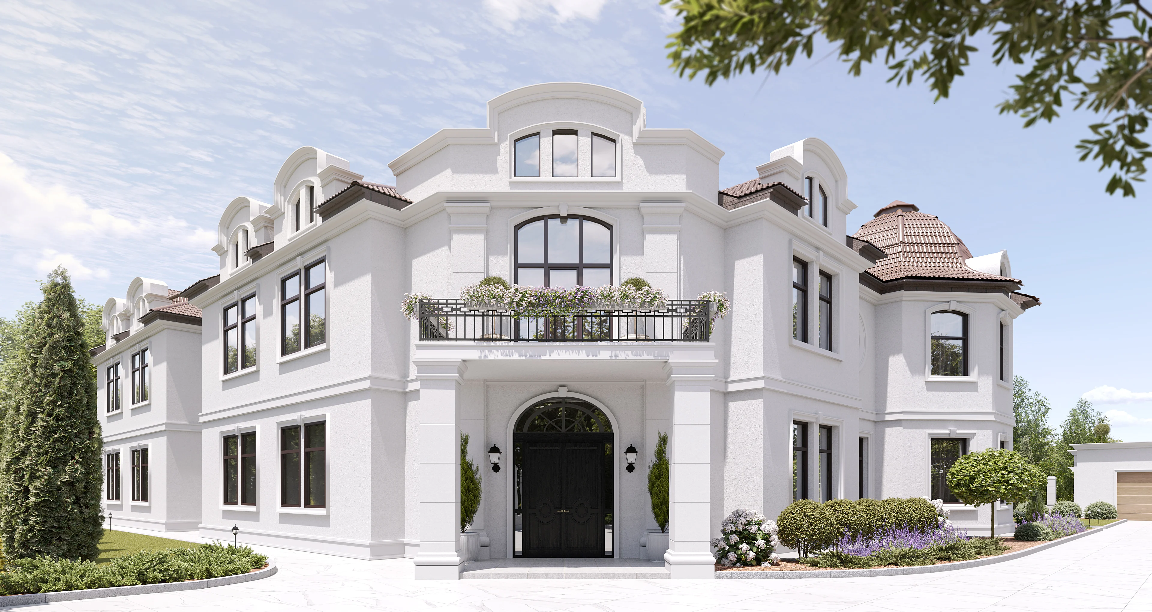 Front facade 3D visualization of a classical residential estate, featuring elegant arched windows, balconies, and white stucco