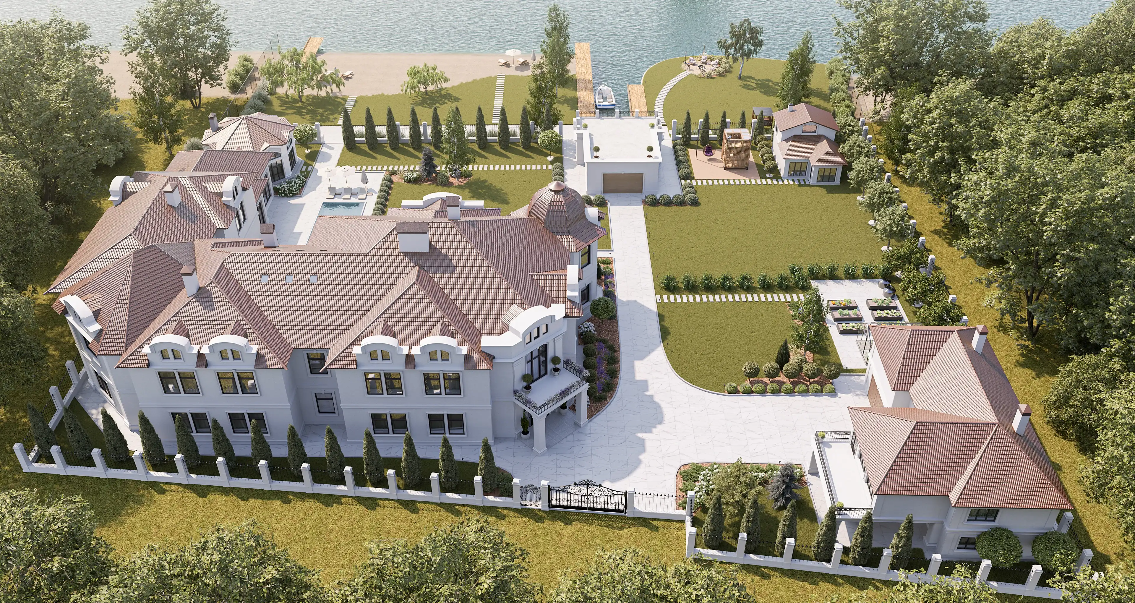 Angled aerial 3D rendering of a sprawling lakeside master plan, detailing the residential architecture and waterfront pavilions