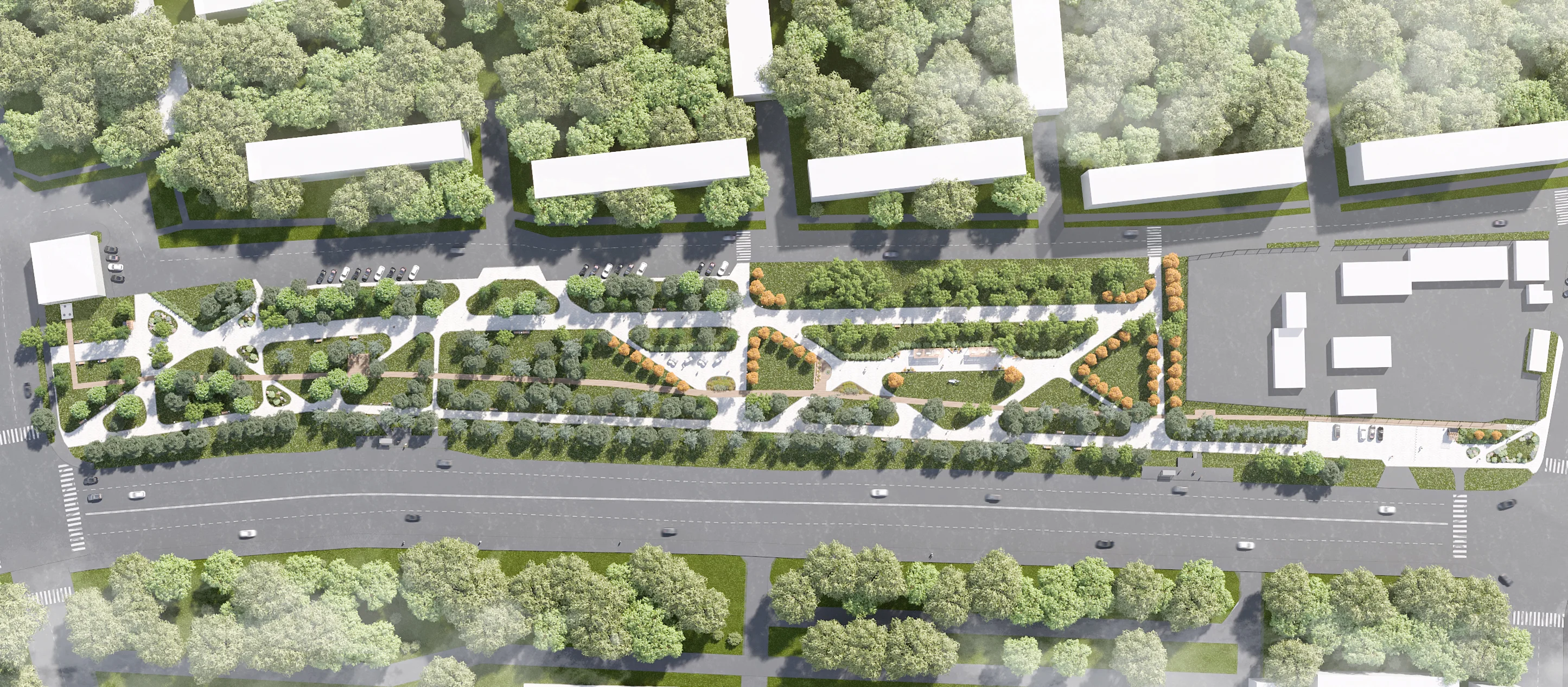 Top-down 3D architectural visualization of a linear park master plan, showcasing geometric pedestrian pathways and dense urban tree canopies