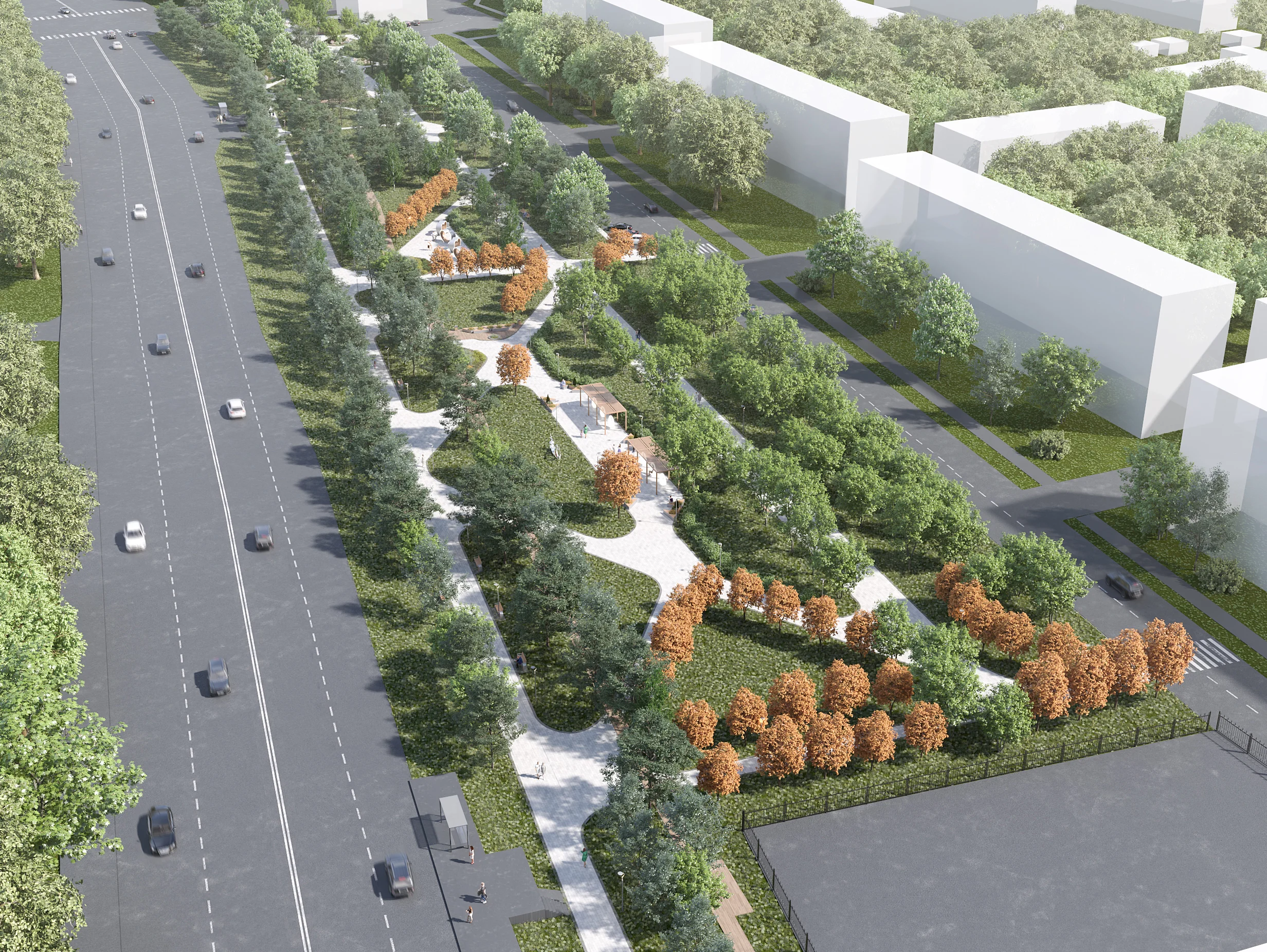 Angled aerial 3D render of a linear landscape design, illustrating the integration of public green spaces, seating zones, and walkways along an urban road