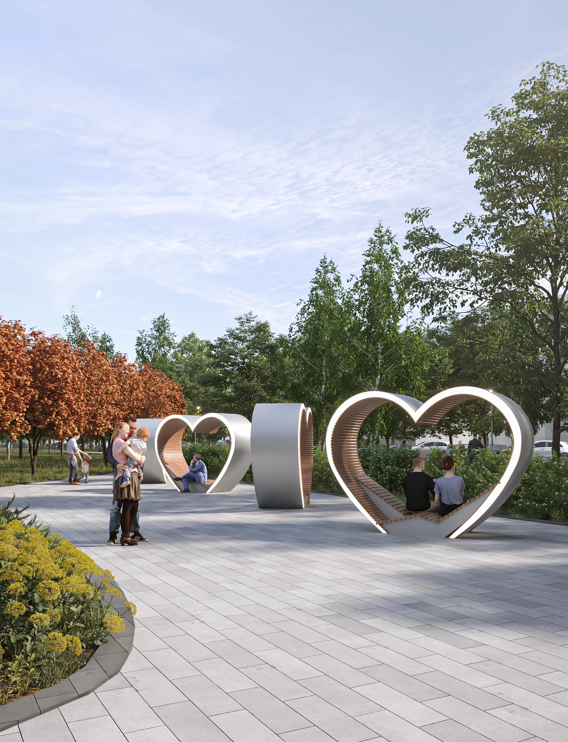 3D visualization of bespoke heart-shaped seating structures with integrated LED lighting along a paved public park walkway