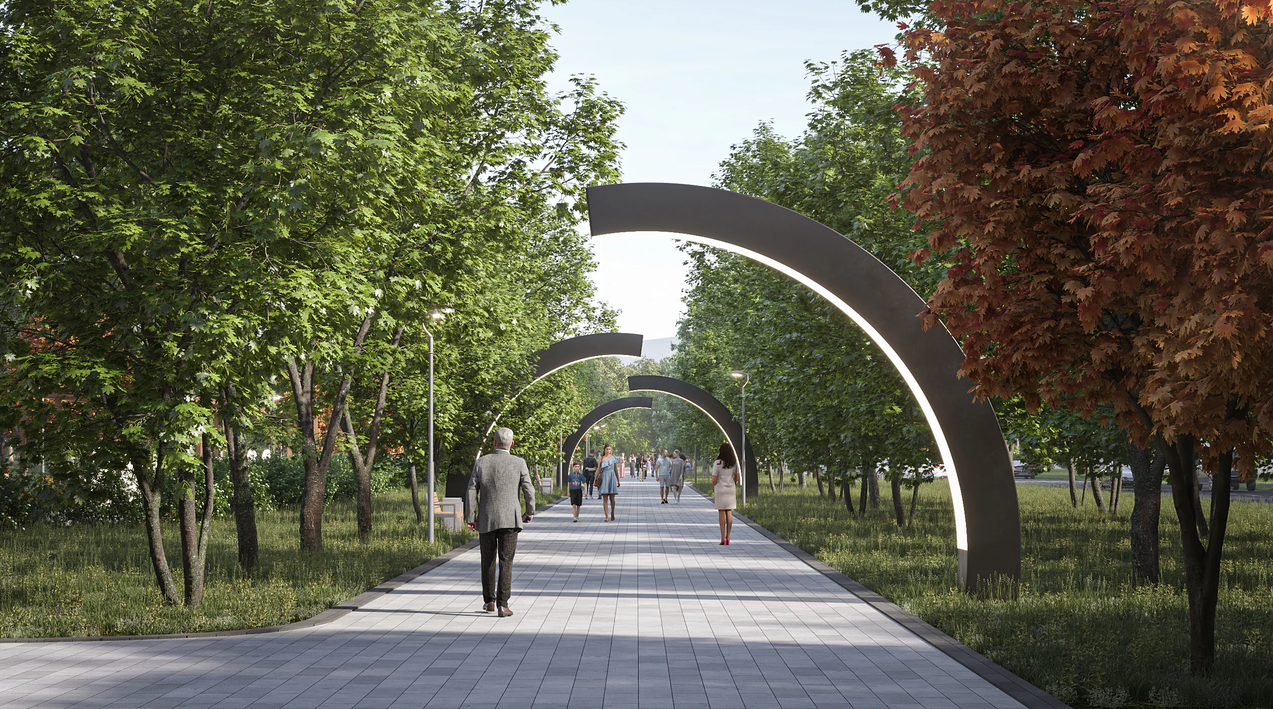 Architectural exterior rendering of an urban park pathway framed by striking illuminated contemporary archways and autumnal trees