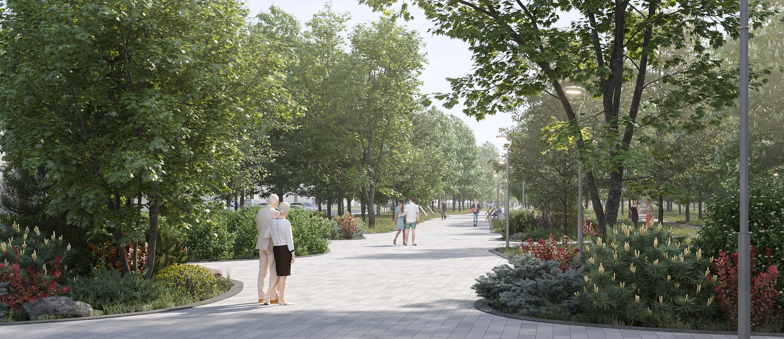 Ground-level 3D rendering of a wide, accessible linear park promenade with sophisticated street lighting and dense, layered shrubbery