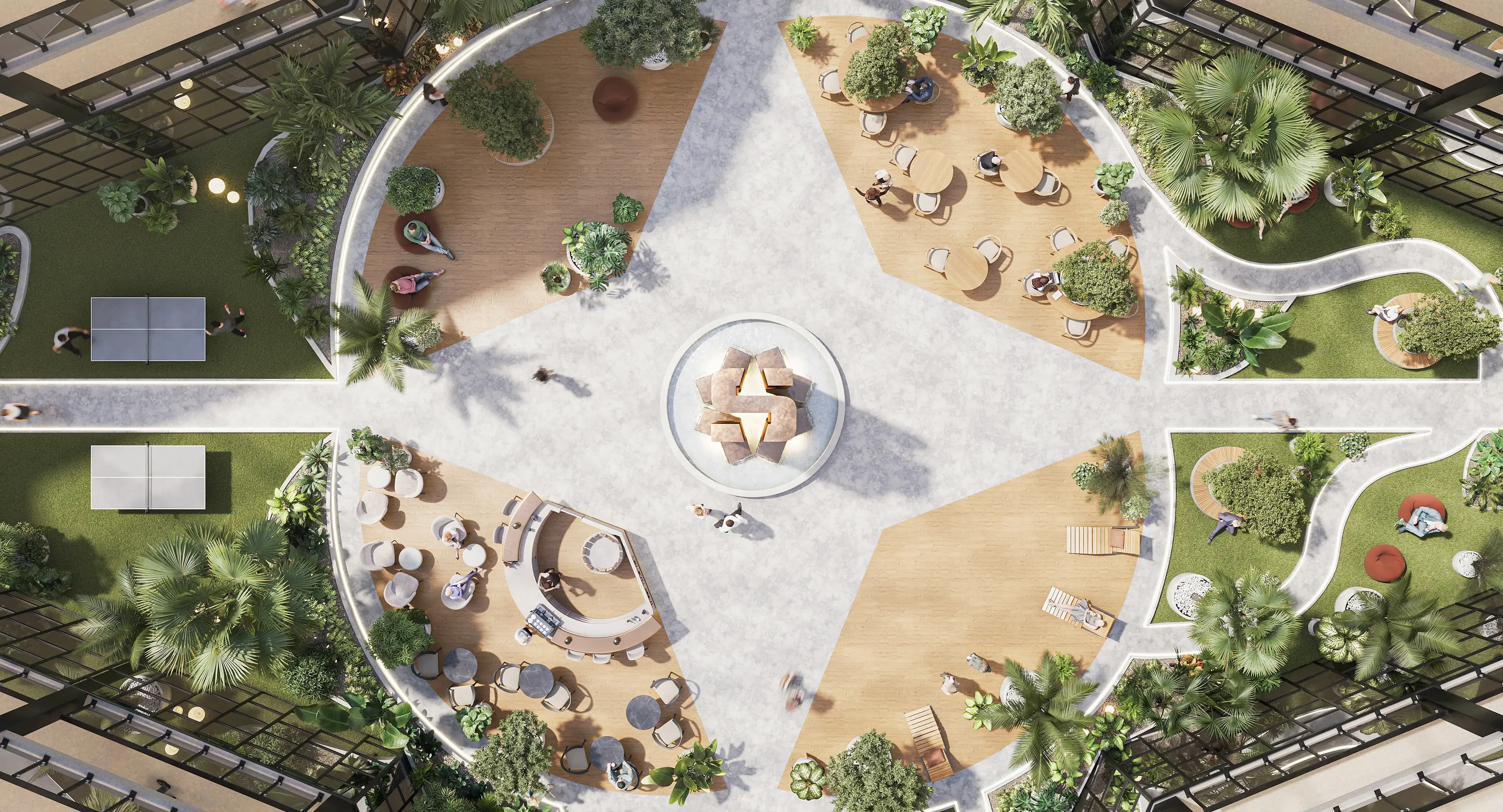 Top-down 3D architectural rendering of a symmetrical biophilic office atrium, detailing the layout of pathways, seating zones, and central water feature