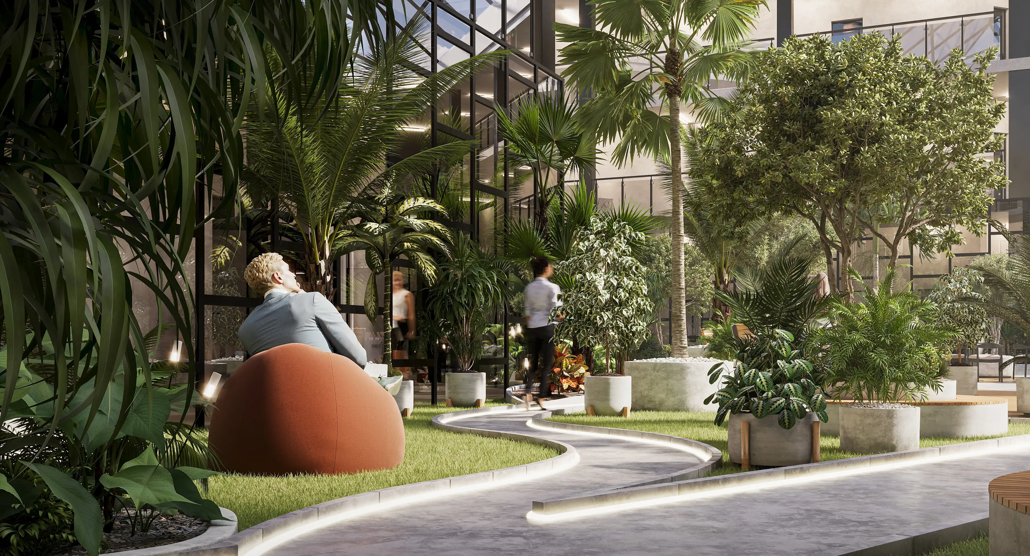Low-angle 3D visualization of a glowing LED floor path winding past tropical palms and a relaxing breakout zone with terracotta seating