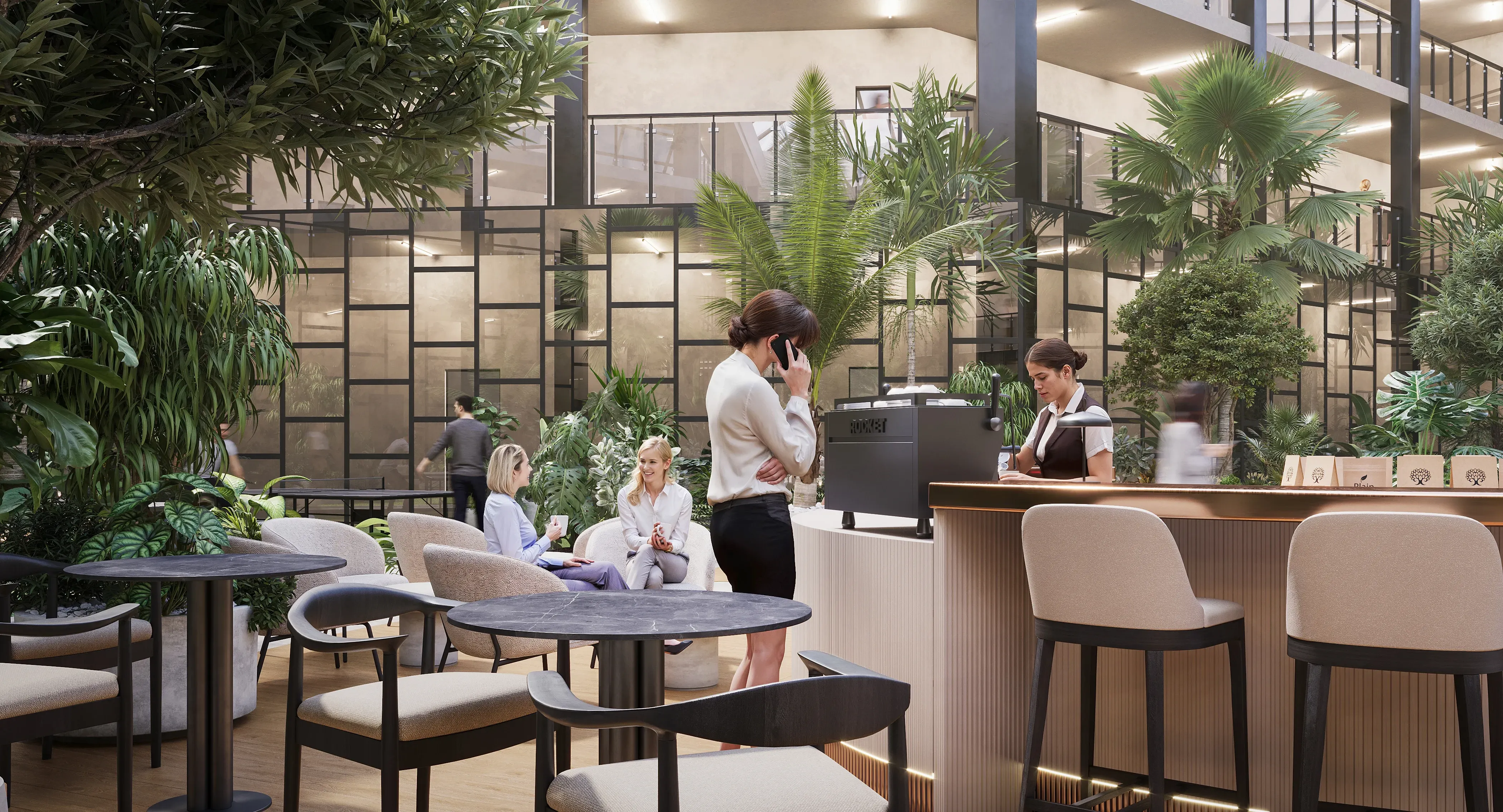 Close-up 3D interior rendering of a corporate coffee bar, showing an espresso machine, dark marble tables, and upholstered bar stools