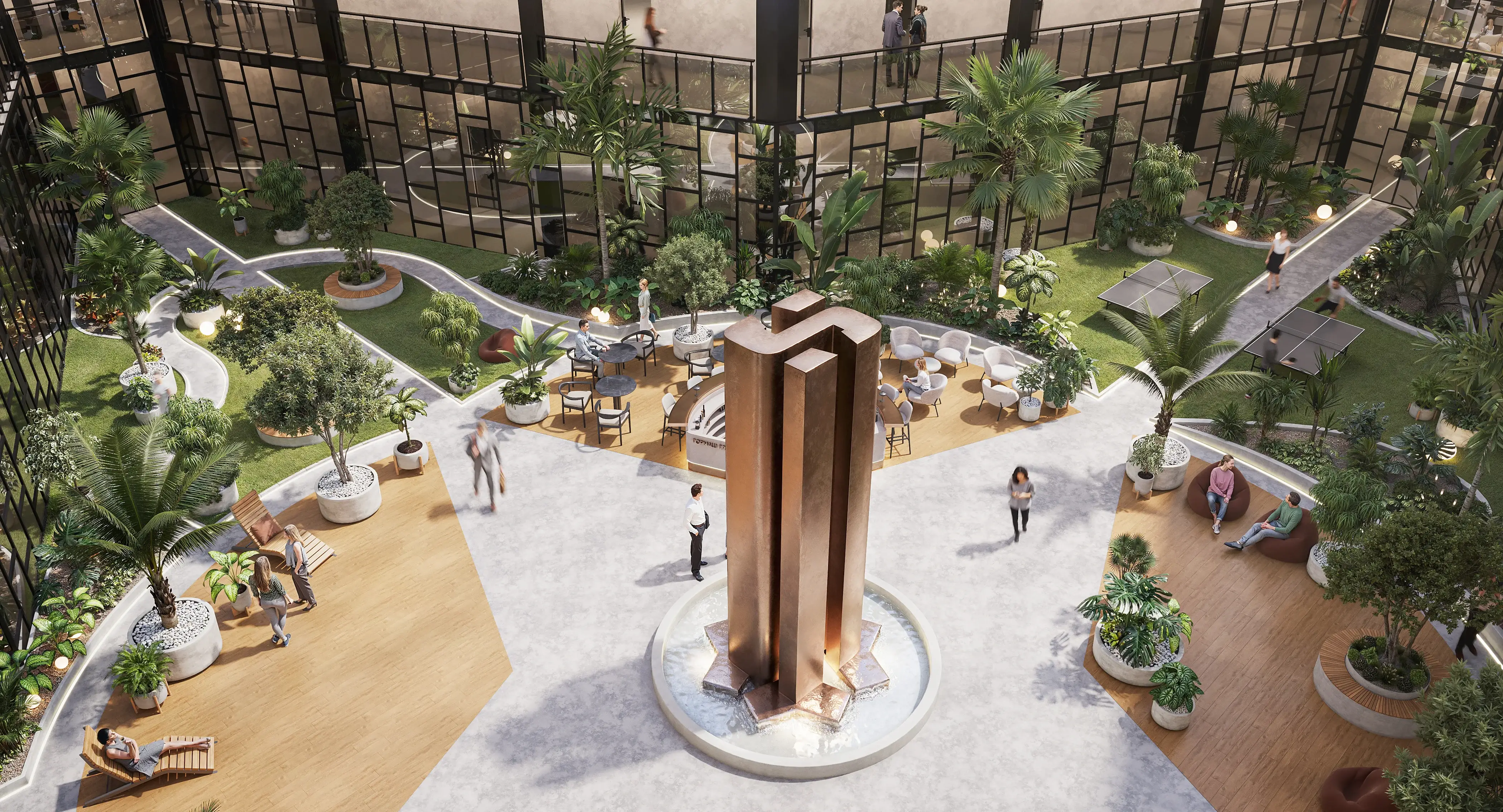 High-angle 3D architectural rendering of a central bronze fountain structure anchoring a sprawling, light-filled green office atrium