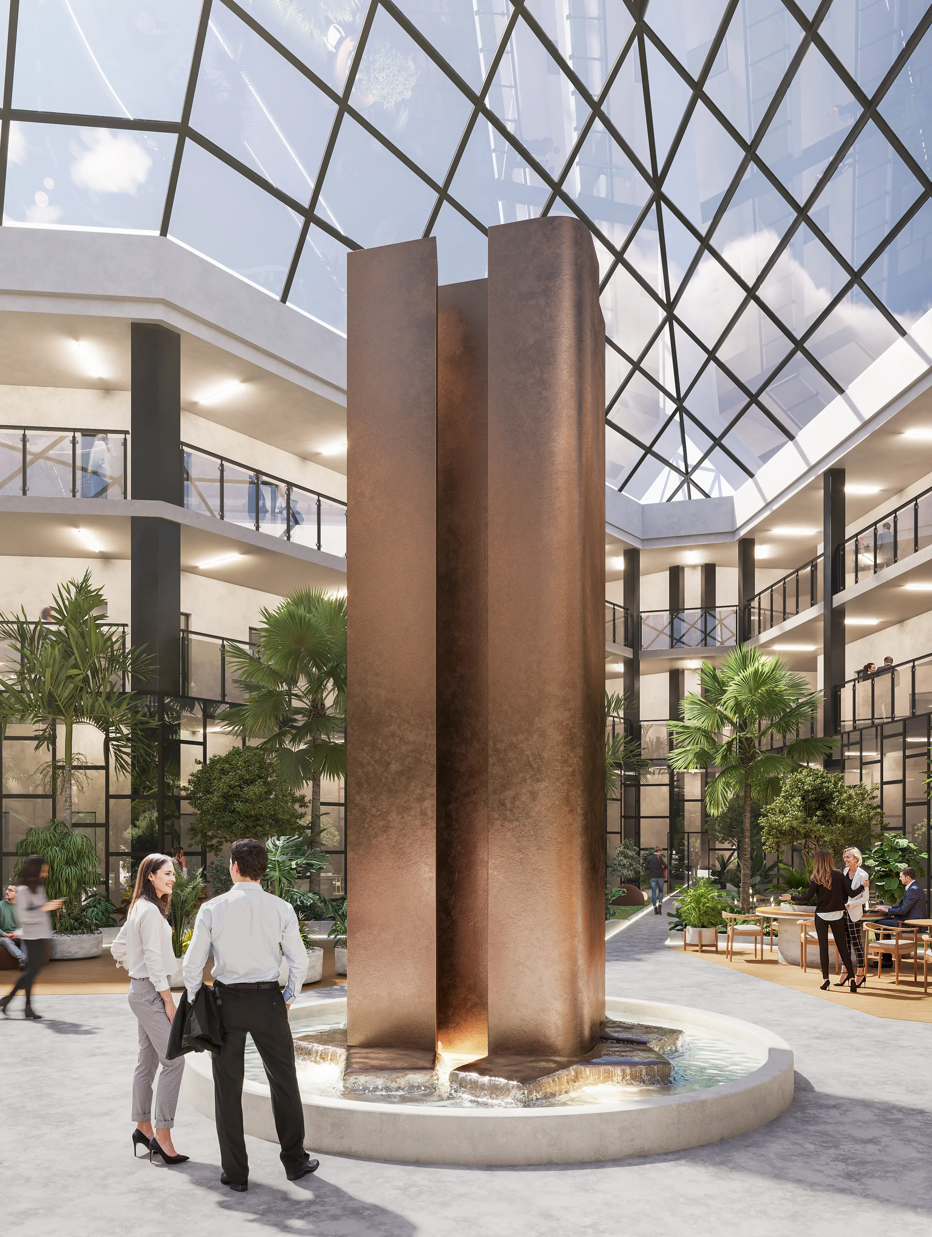 Eye-level 3D visualization looking up at a monumental geometric water feature and the expansive glass pyramid roof of a modern office complex