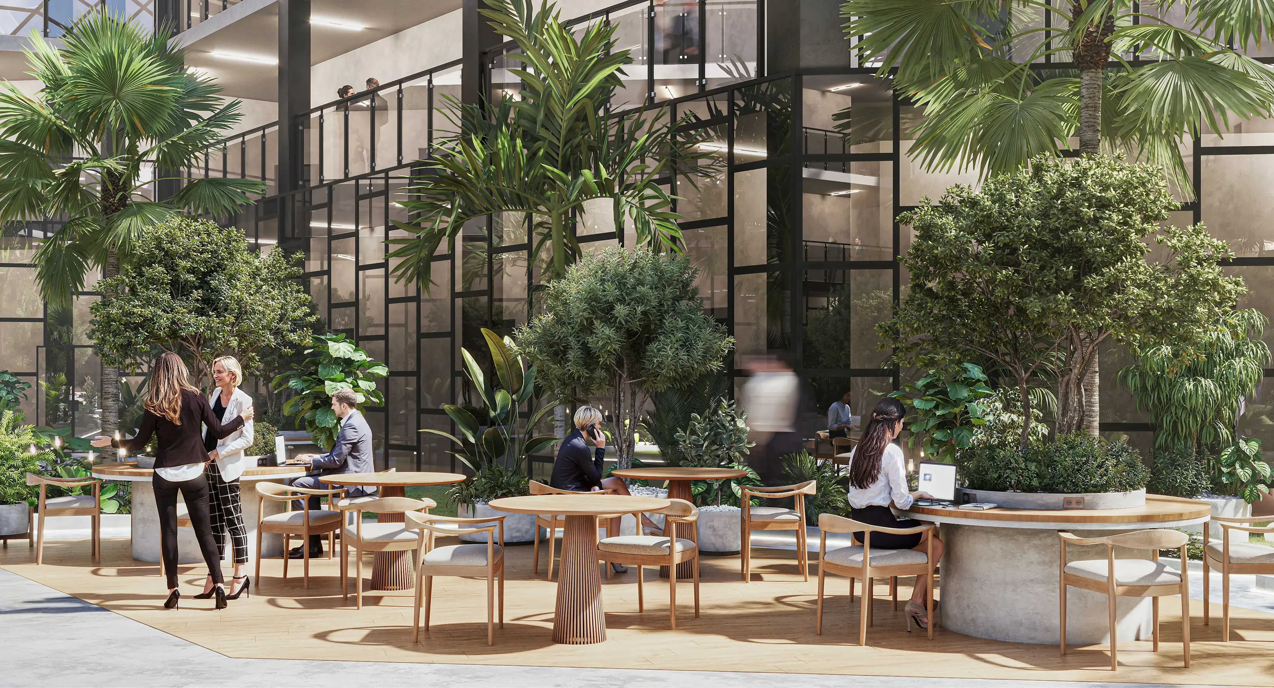 Architectural visualization of a green office collaborative workspace, showing light wood tables, curved chairs, and integrated planters