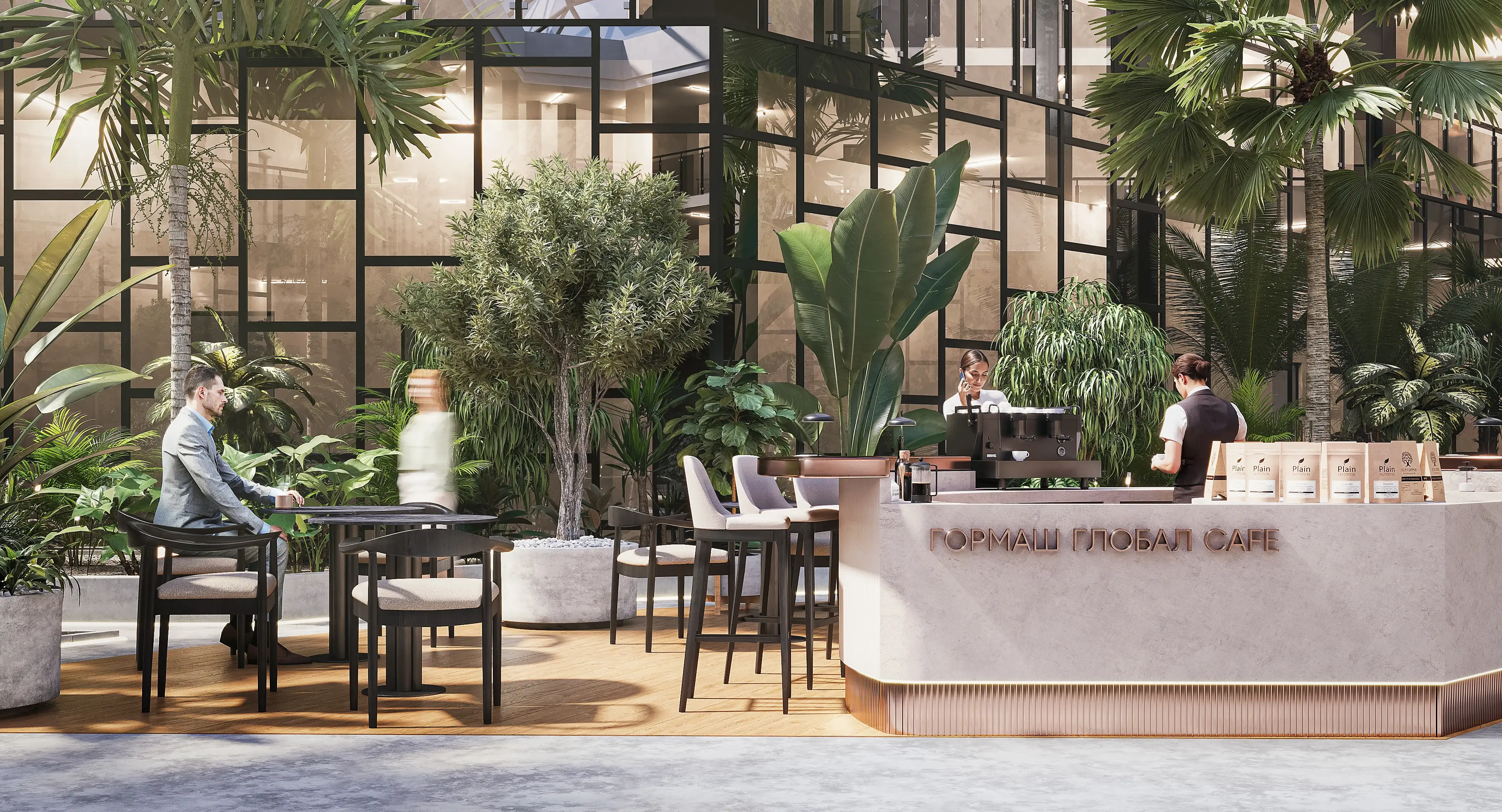 3D rendering of a modern office atrium cafe featuring a concrete counter with copper accents, surrounded by indoor trees and foliage