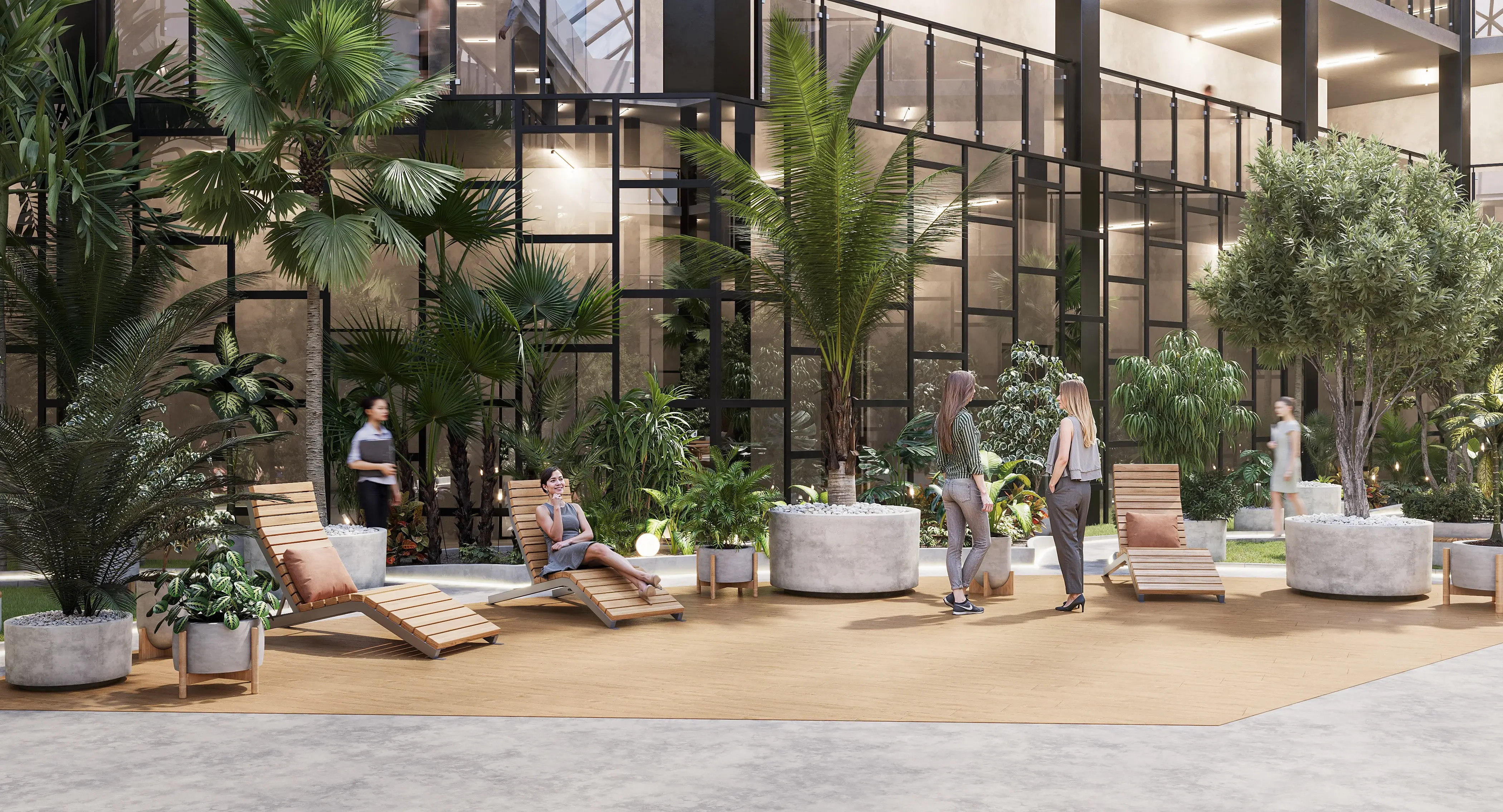 Interior 3D visualization of a corporate wellness area with wooden lounge chairs and concrete planters in a bright, nature-inspired office