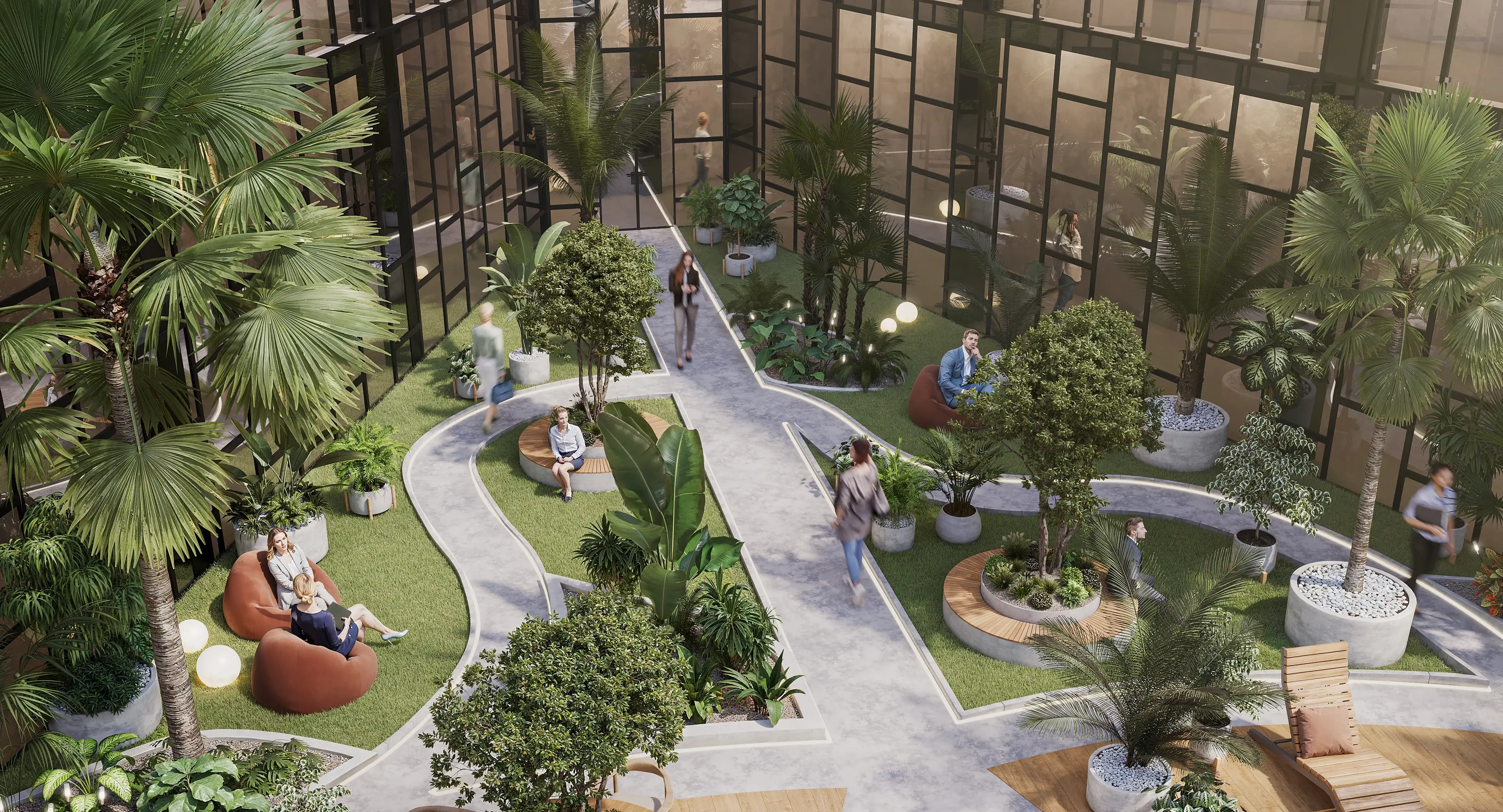 Elevated 3D architectural rendering of a winding LED-lit pathway cutting through indoor grass lawns and tropical landscaping in a commercial atrium