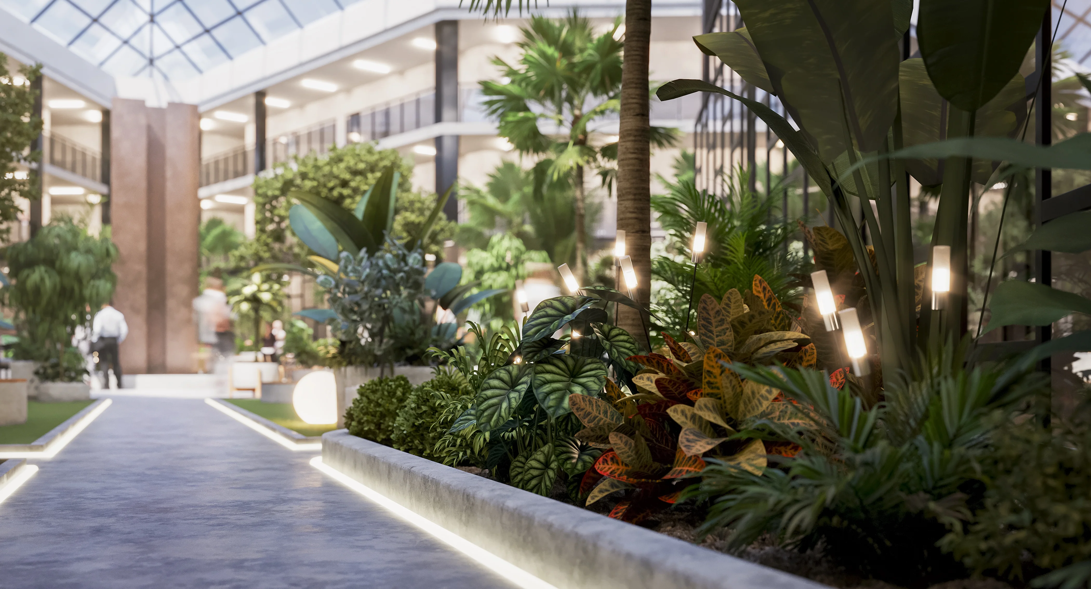Close-up 3D visualization of lush indoor tropical plants and modern pathway lighting bordering a concrete walkway in an office campus