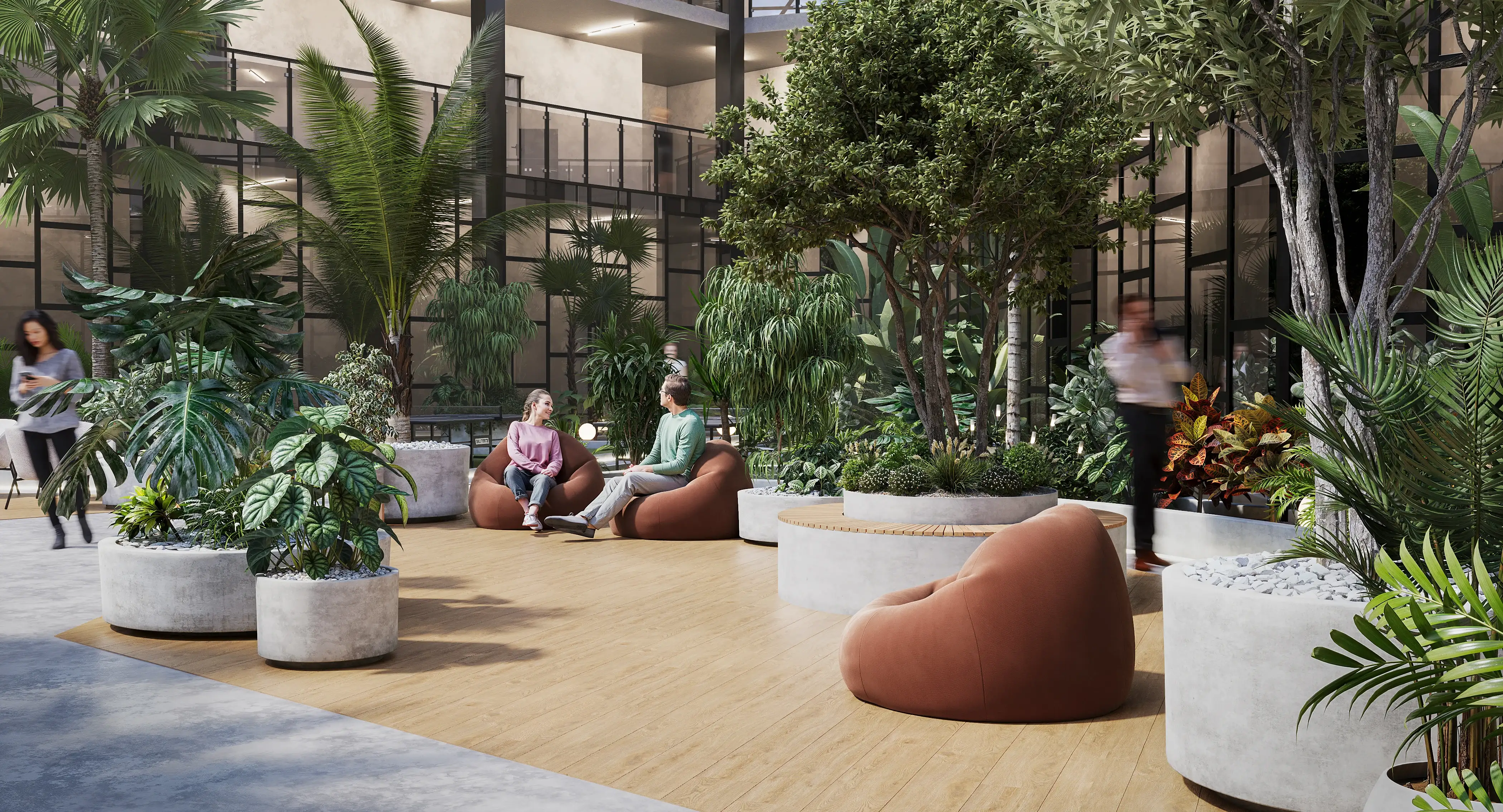 Architectural rendering of an informal breakout space with terracotta bean bags arranged on wooden decking surrounded by greenery