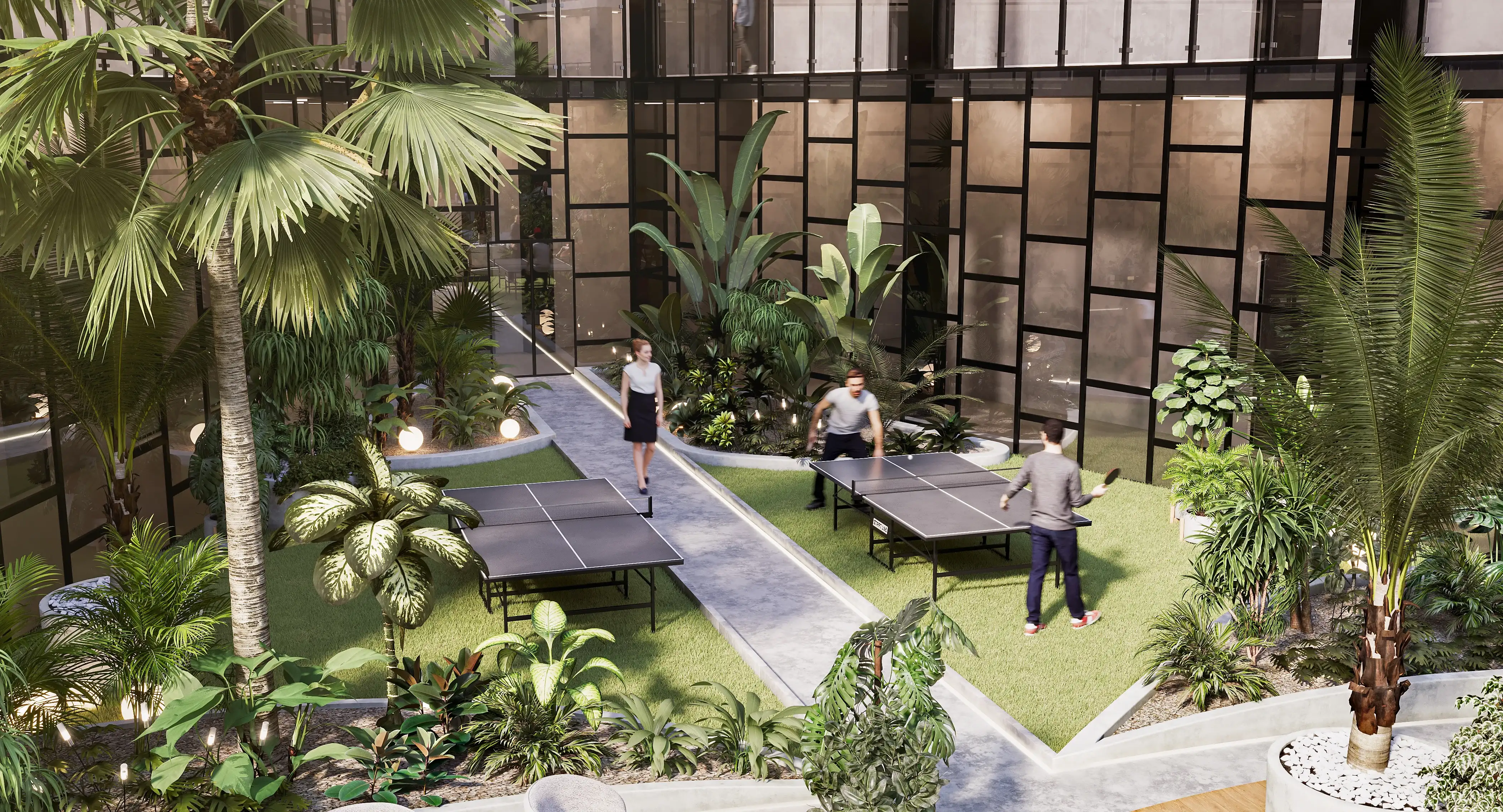 3D interior rendering of a corporate recreation zone featuring table tennis setups on artificial turf within a glass-walled green atrium