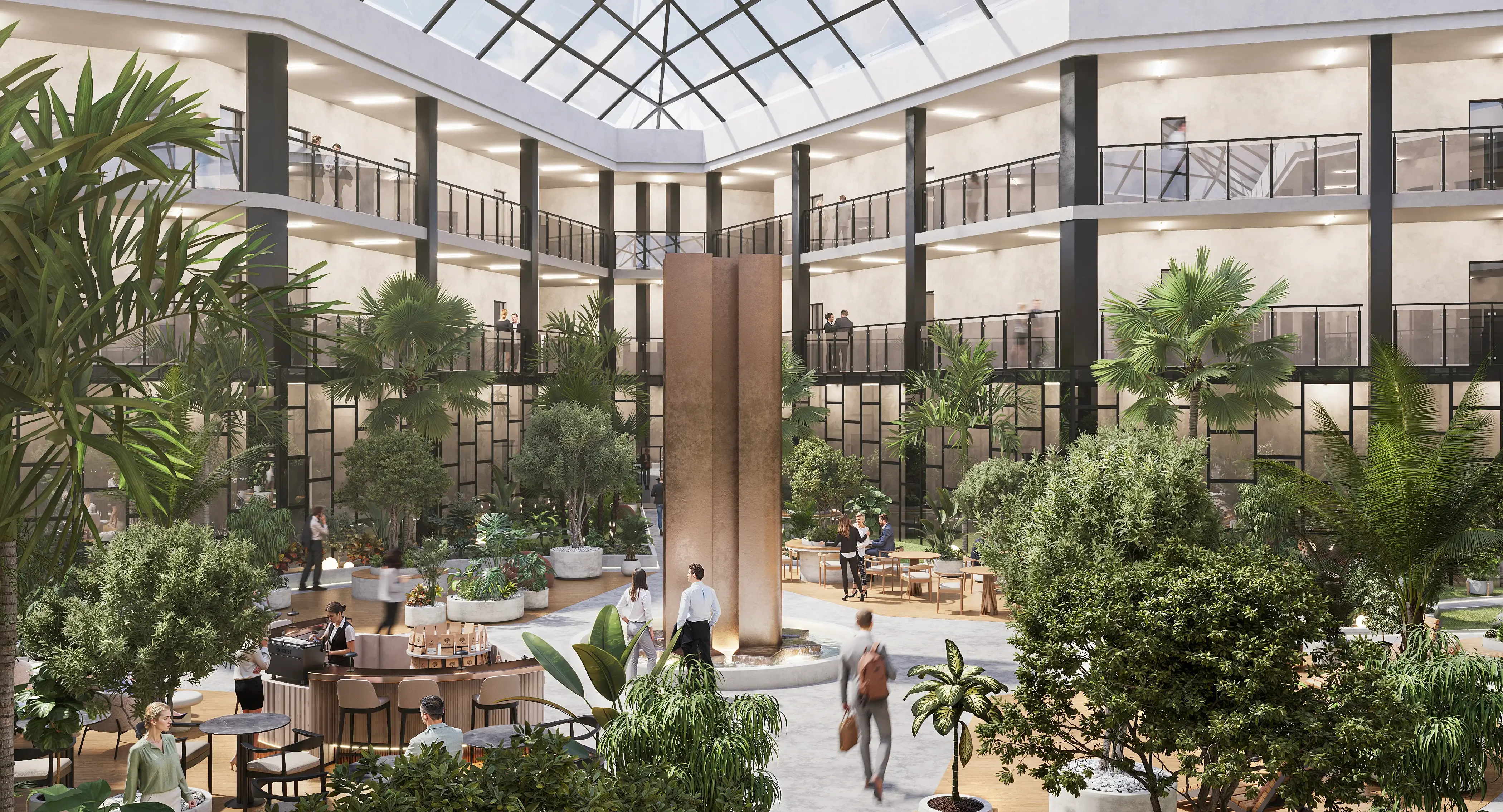 Wide 3D visualization showing a bustling indoor office campus, highlighting a towering copper fountain and a rounded cafe bar