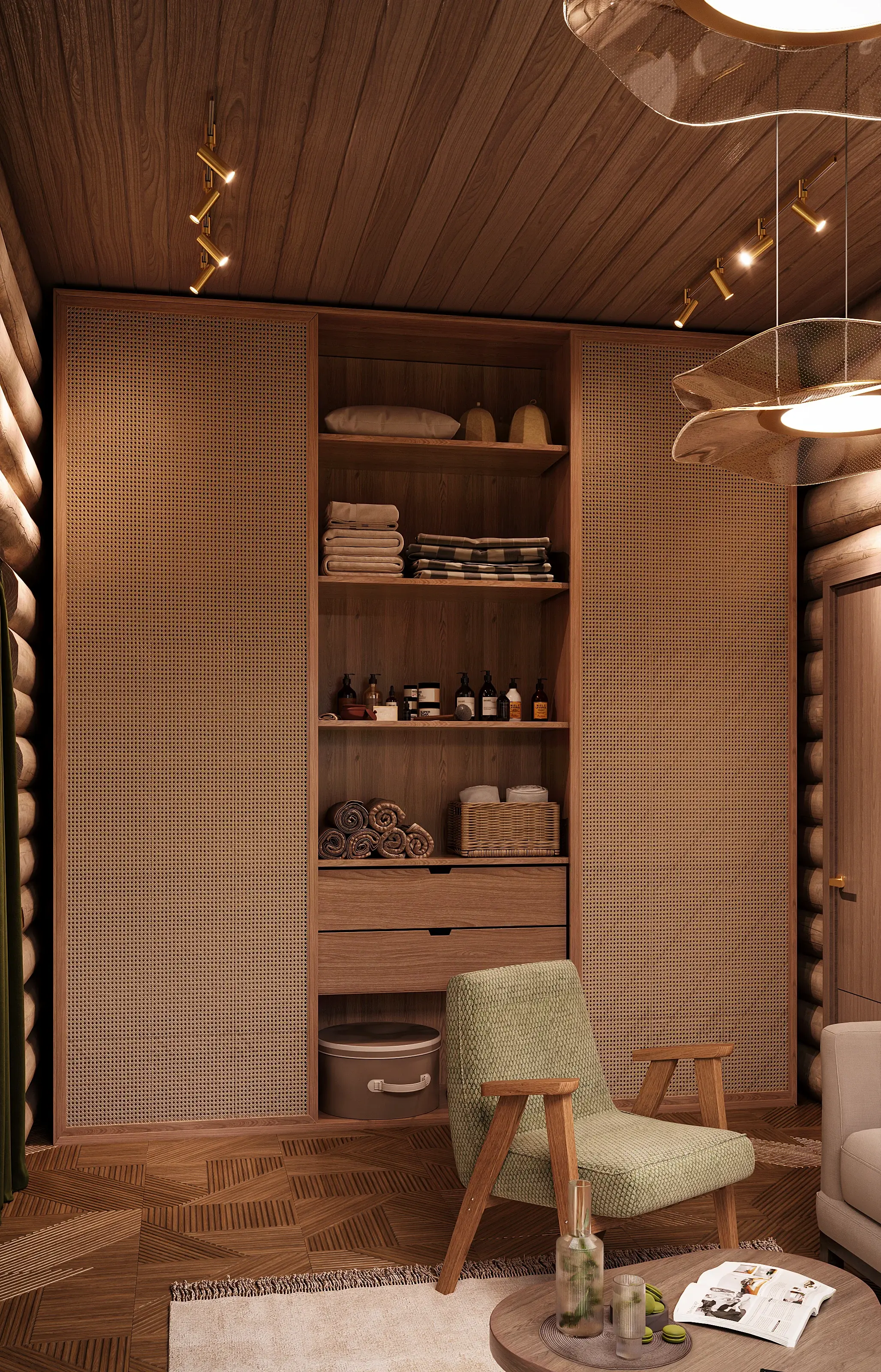 Detail shot of a 3D interior rendering showing custom woven rattan cabinetry and a modern green accent chair in a luxury wellness lounge