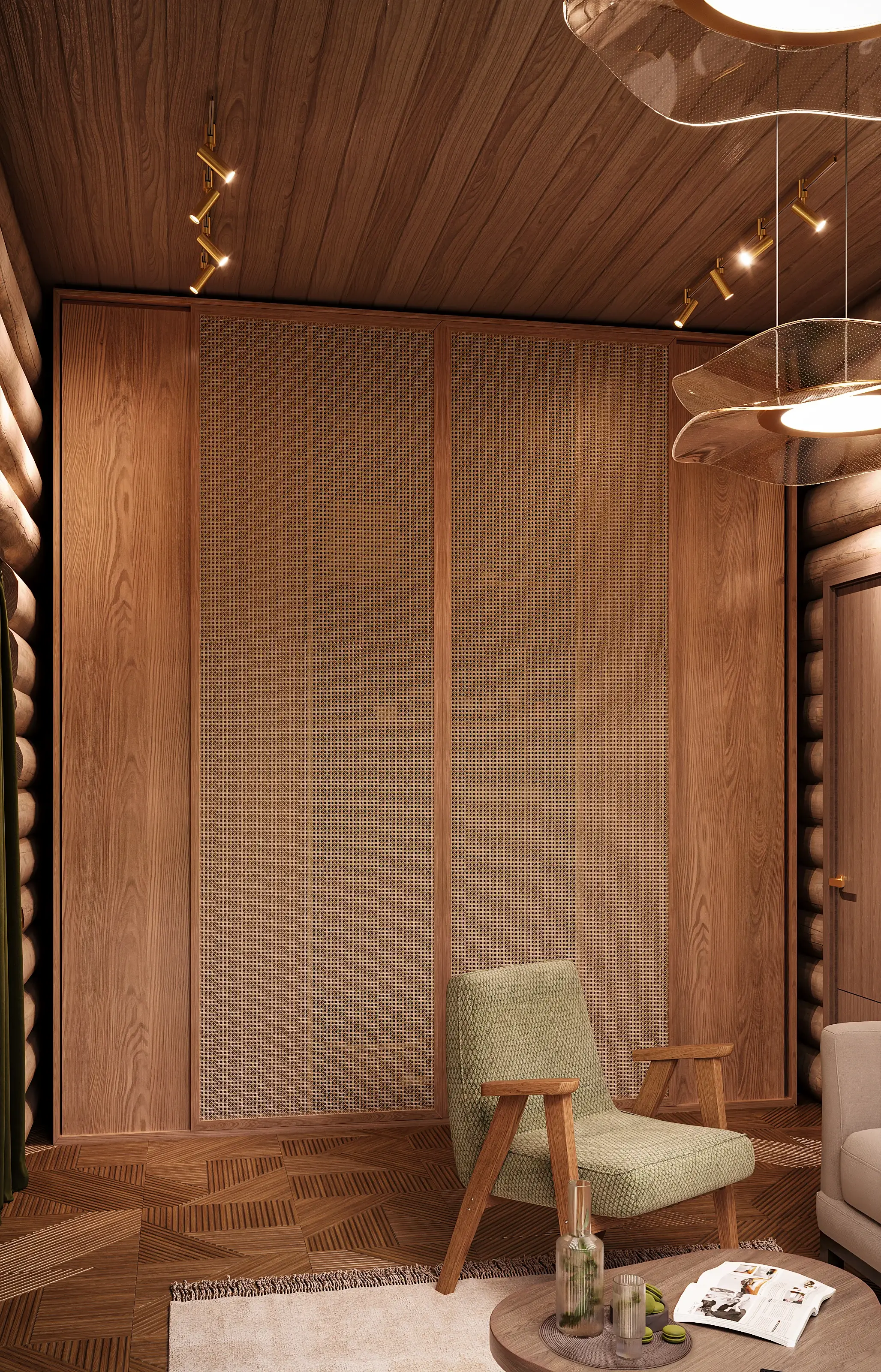 Alternate 3D visualization angle of a traditional banya lounge area, focusing on the intricate rattan joinery and detailed geometric parquet flooring