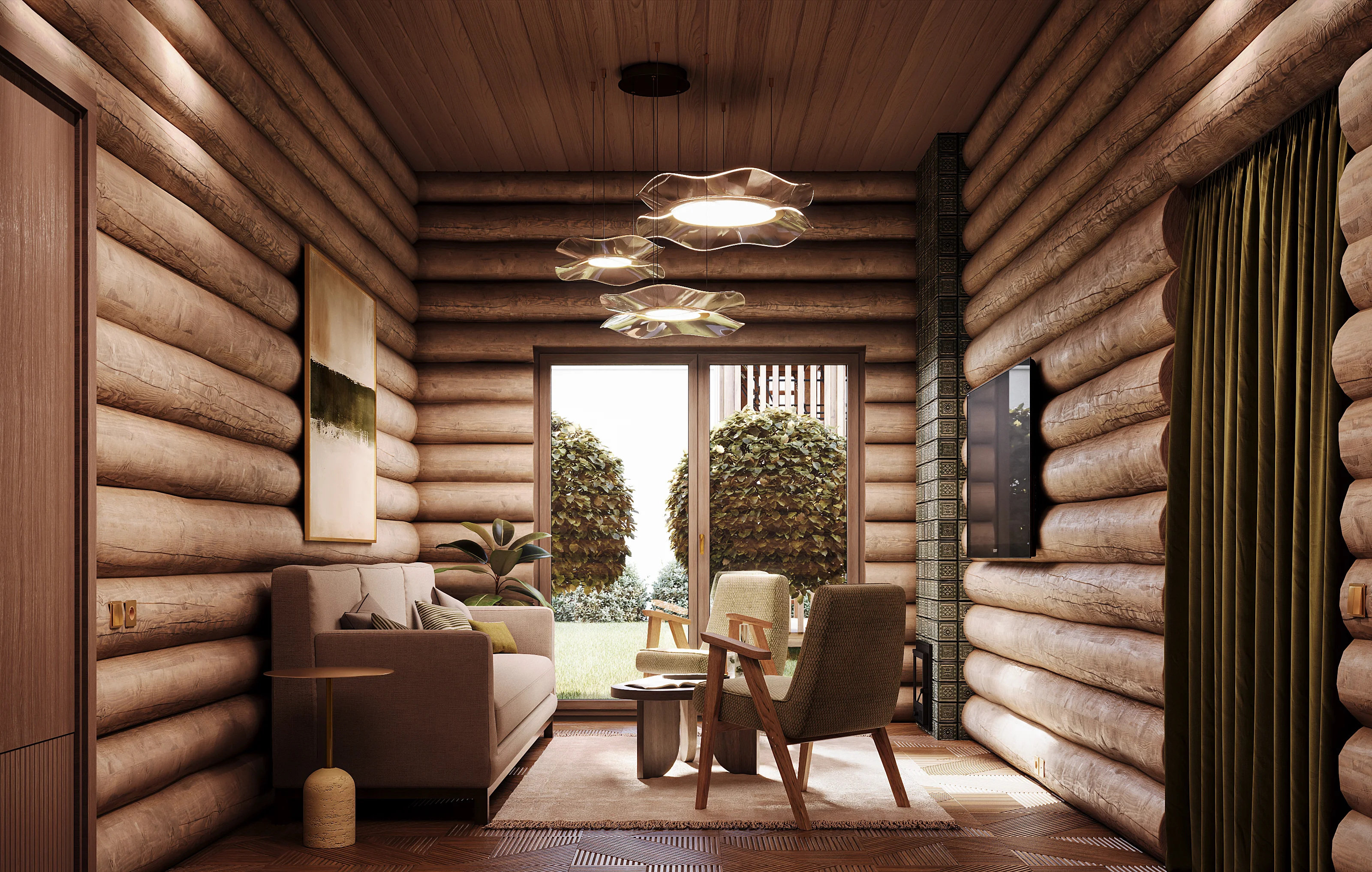 3D rendering of a banya relaxation room looking out through large glass sliding doors towards an outdoor courtyard, featuring a traditional green tiled stove