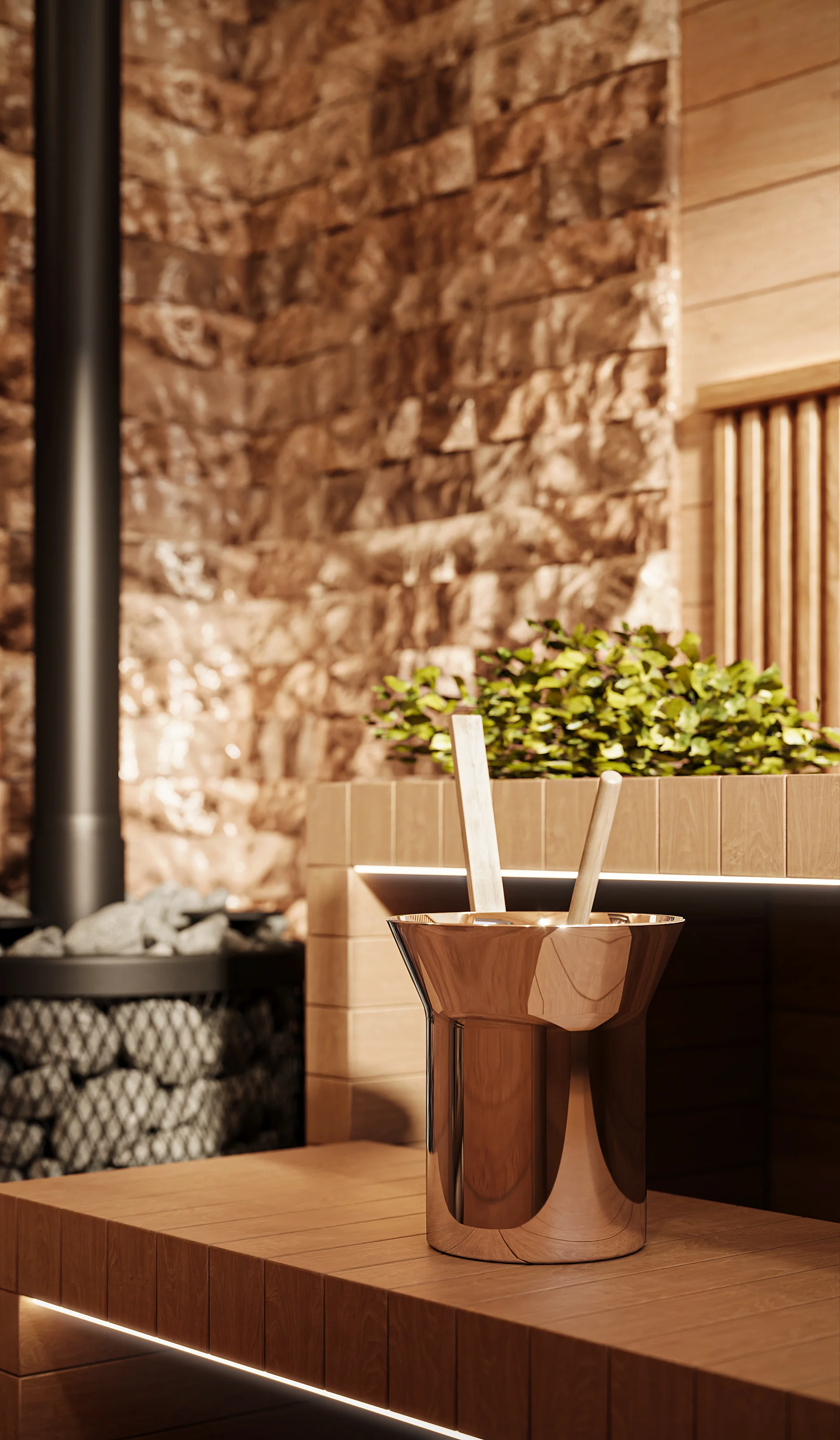 Close-up 3D architectural visualization of a polished metal sauna bucket and wooden ladles sitting on illuminated timber benches