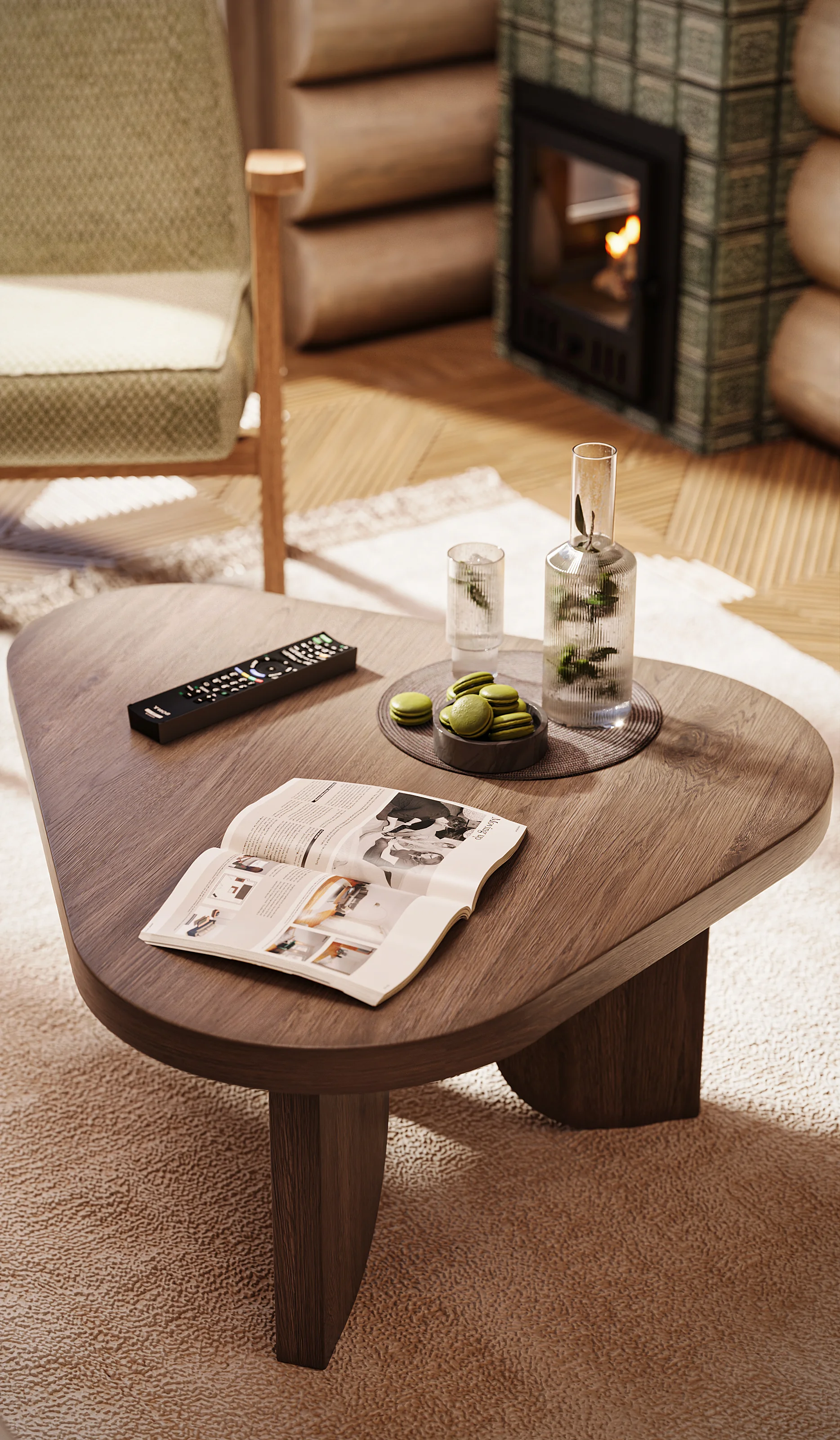 Detailed 3D rendering of an asymmetrical wooden coffee table in a banya lounge, styled with magazines, refreshments, and a traditional stove in the background