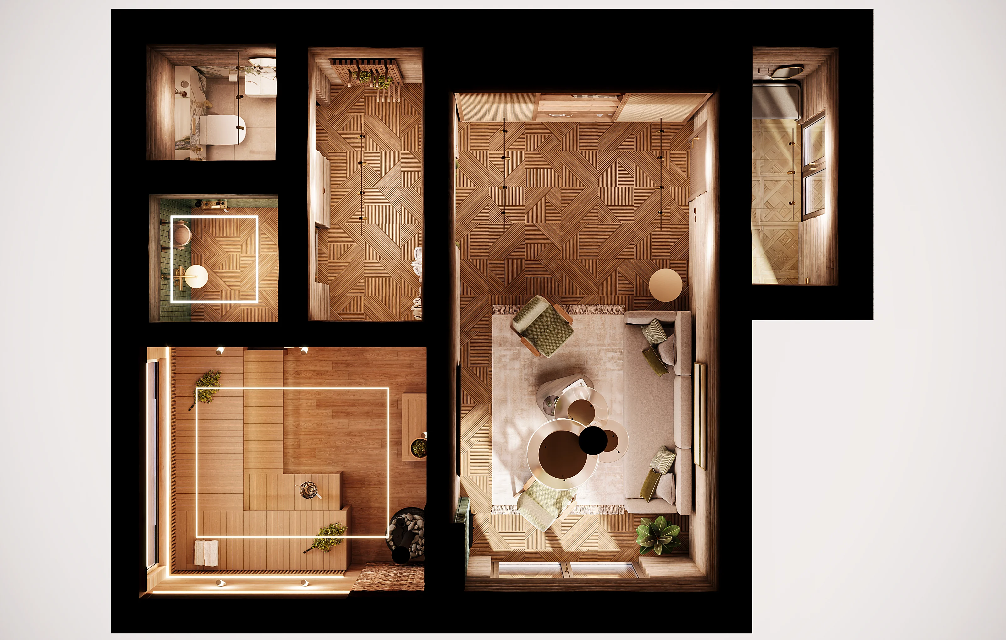 Top-down 3D floor plan rendering of a luxury private banya retreat, illustrating the cohesive spatial layout of the sauna, shower, lounge, and bathroom zones