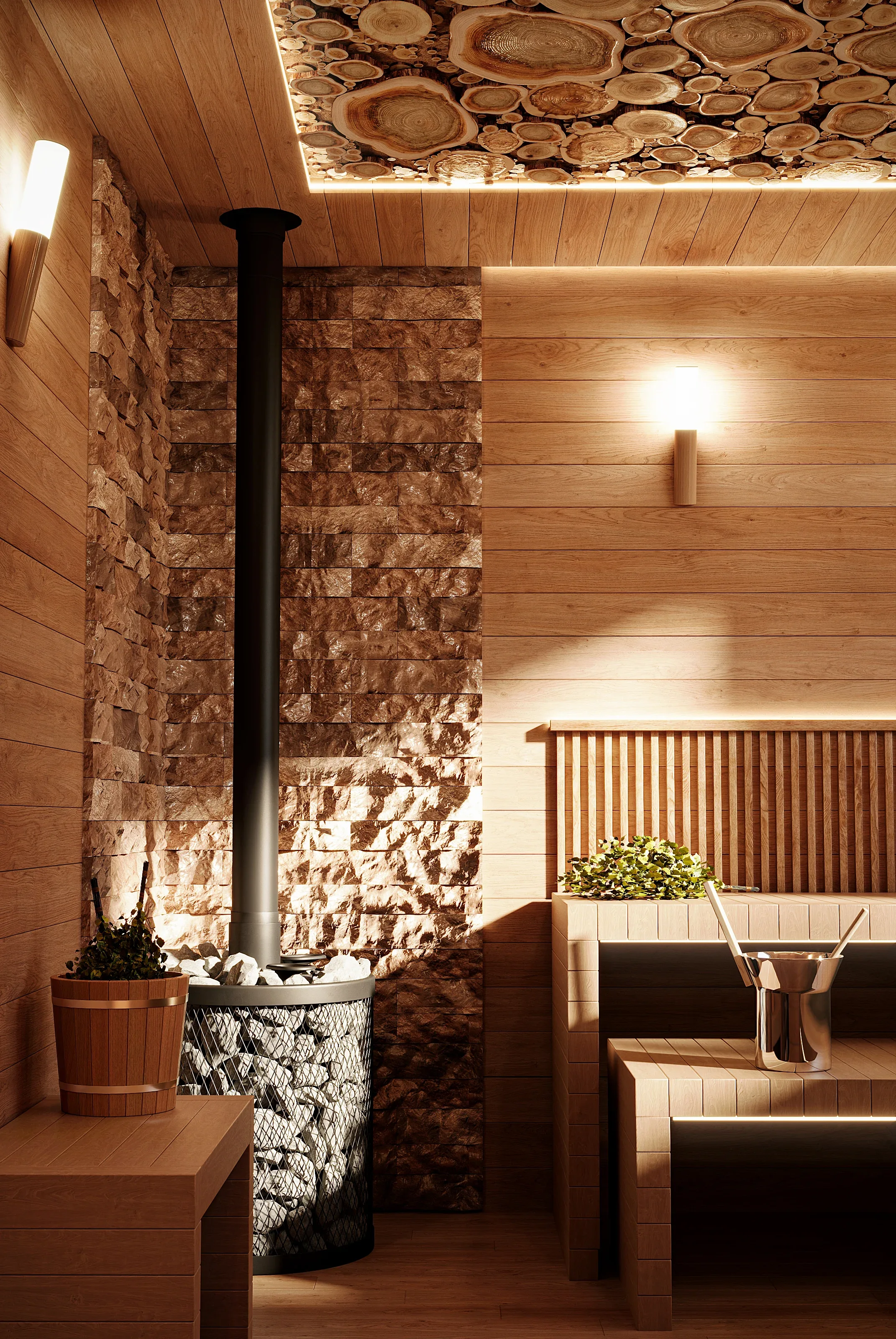 Architectural visualization of a luxury sauna room highlighting a modern cylindrical stone heater, rugged accent wall, and integrated warm LED lighting