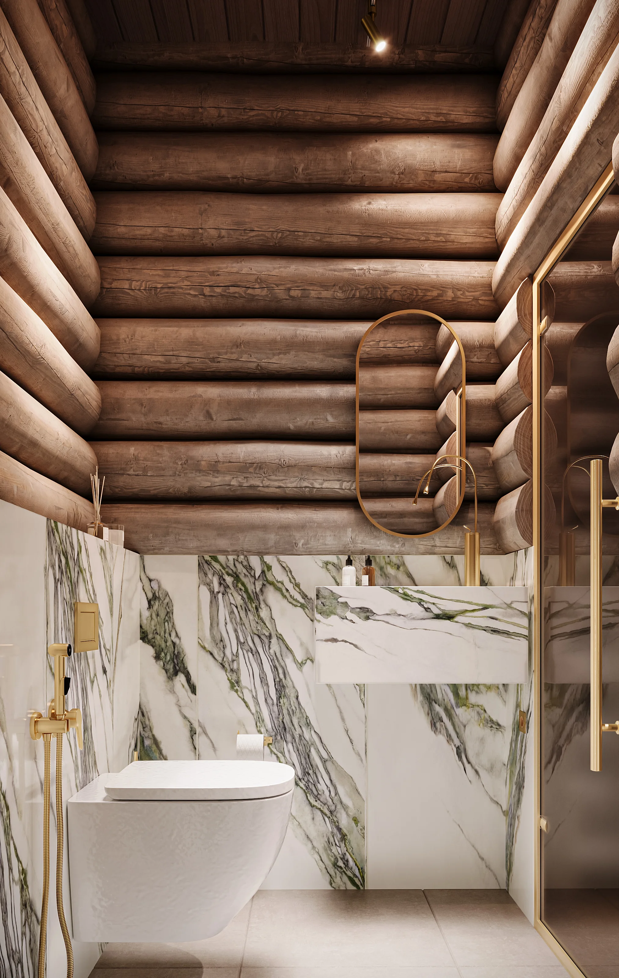 High-end 3D rendering of a luxury banya bathroom, contrasting raw timber log walls with elegant green-veined marble and brushed brass fixtures