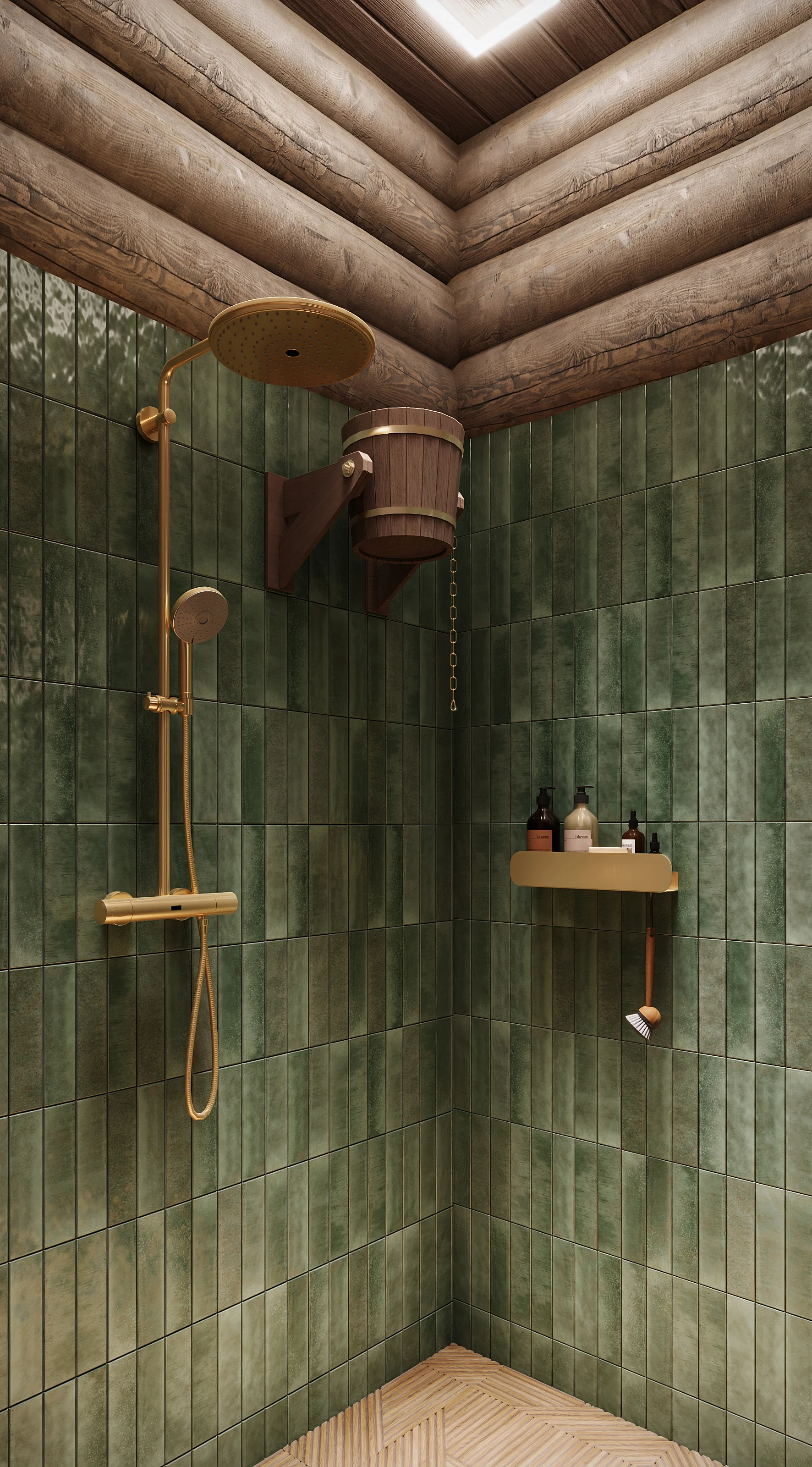 Interior 3D visualization of a spa-like shower room featuring glossy green subway tiles, a traditional wooden plunge bucket, and brass hardware