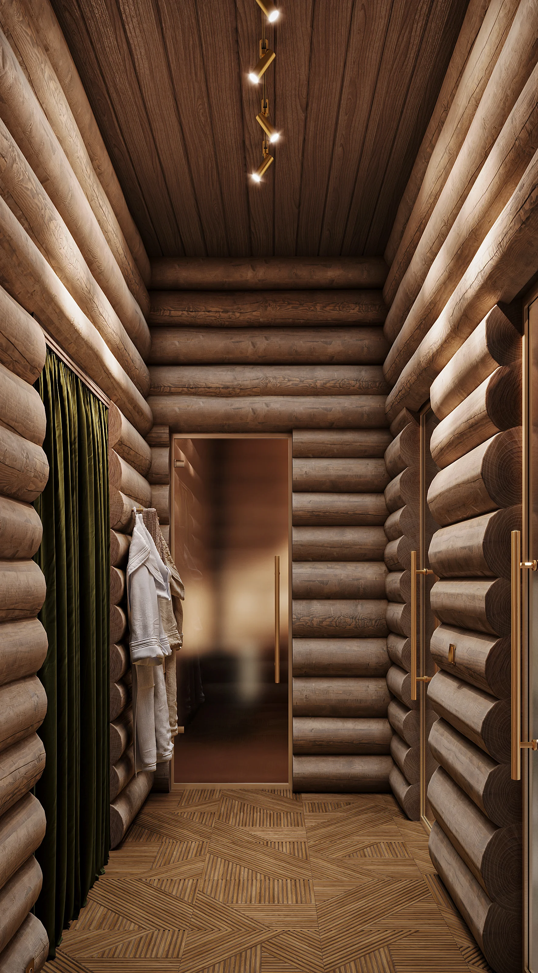 Architectural rendering of a wellness retreat corridor showcasing raw timber log walls, a frosted glass sauna door, and a rich green velvet curtain