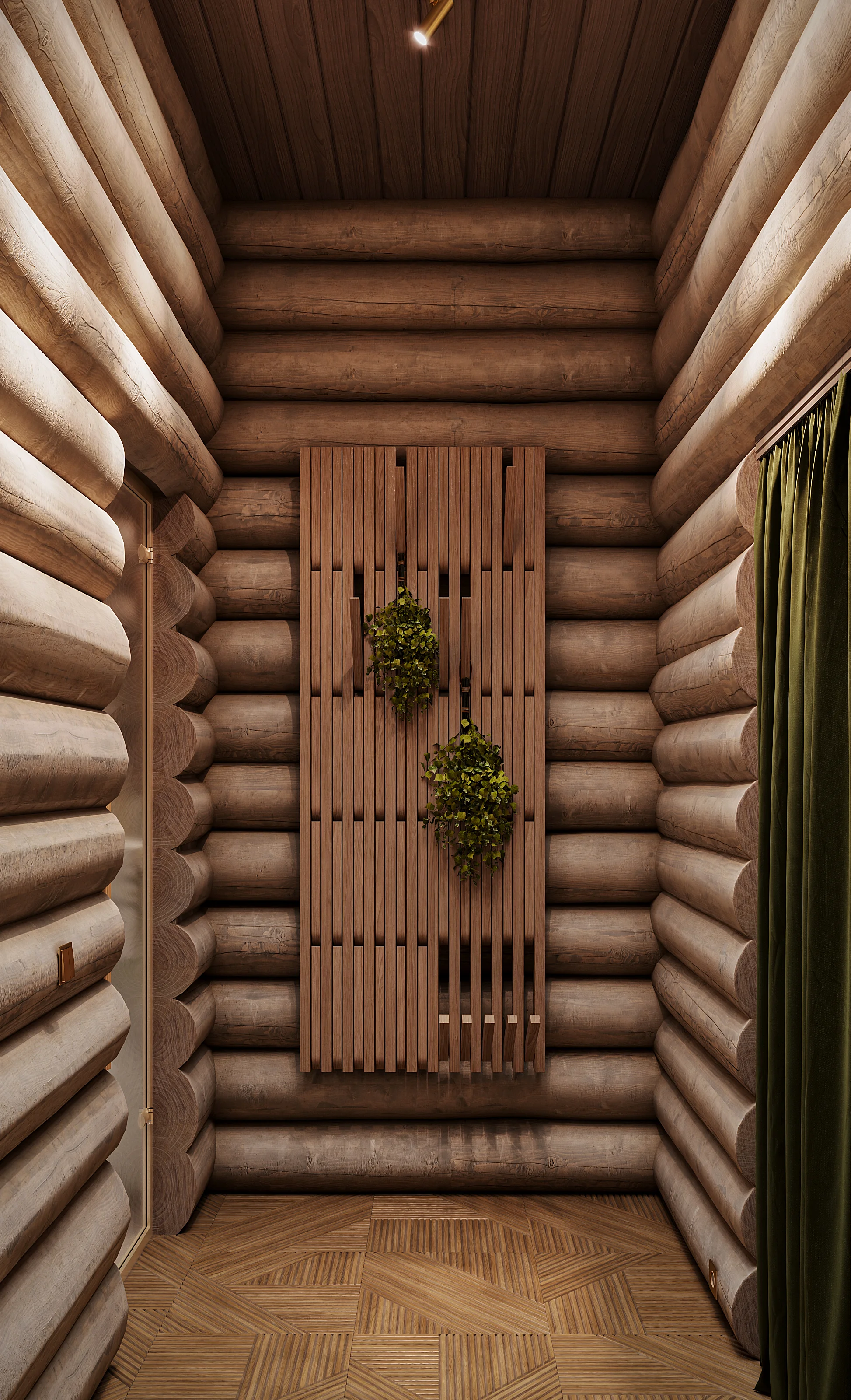 3D interior visualization of a rustic modern banya space, featuring a decorative slatted wood wall panel adorned with hanging greenery