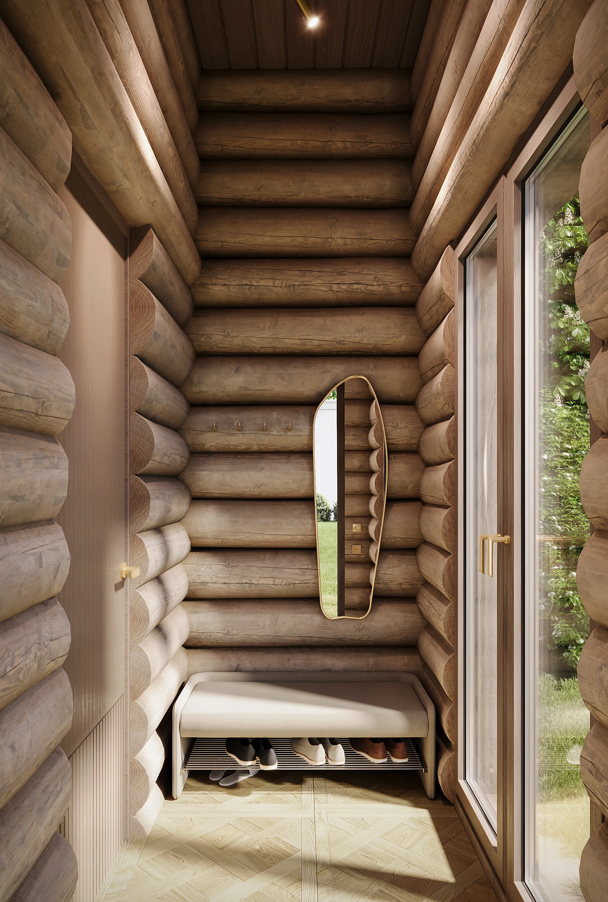 Entrance mudroom of a private lakeside banya, showcasing a modern upholstered bench, organic-shaped mirror, and heavy timber log architecture