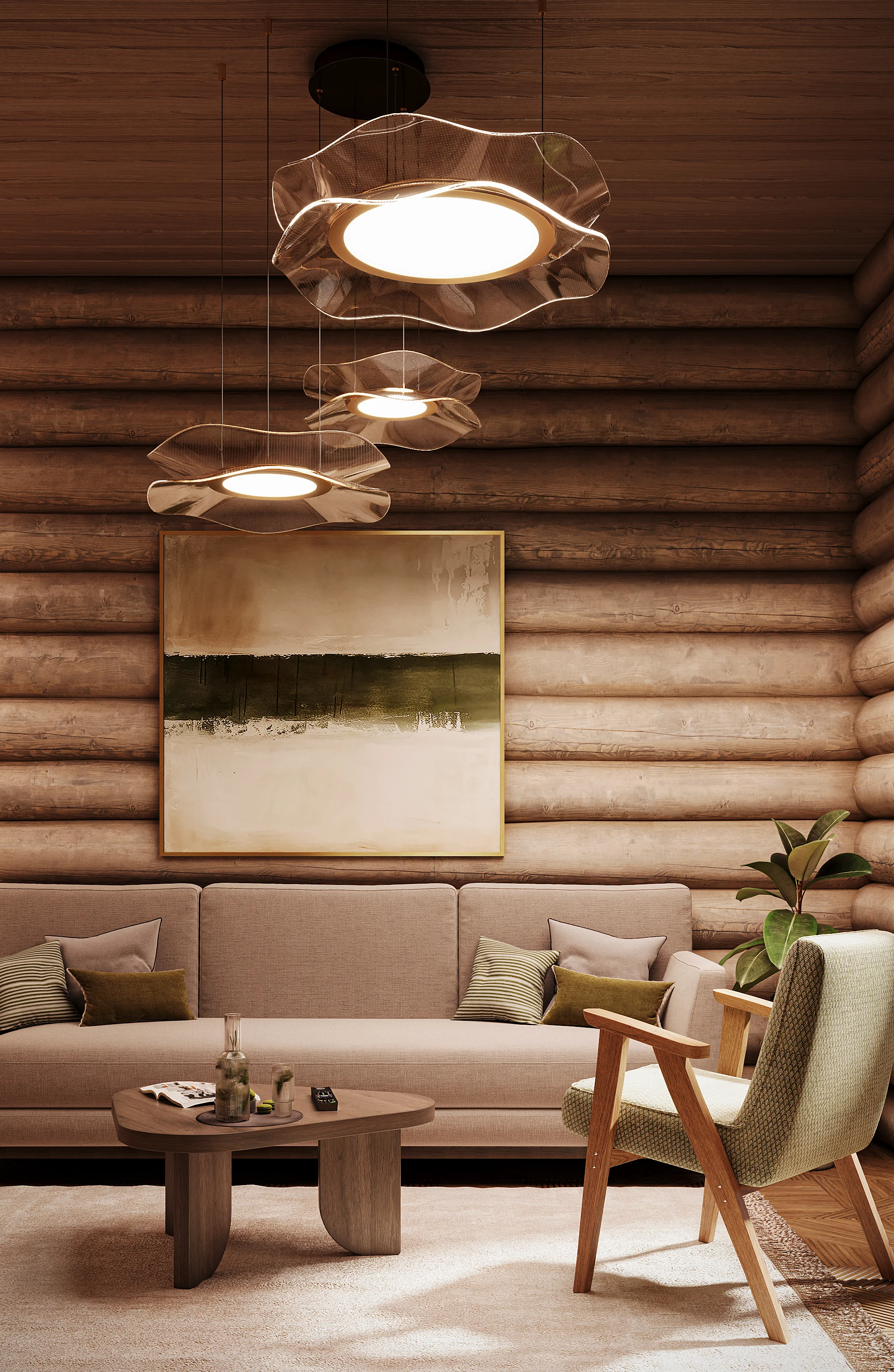 High-end 3D rendering of a serene banya relaxation lounge, featuring a plush sofa, abstract artwork, and contemporary wavy glass pendant lighting