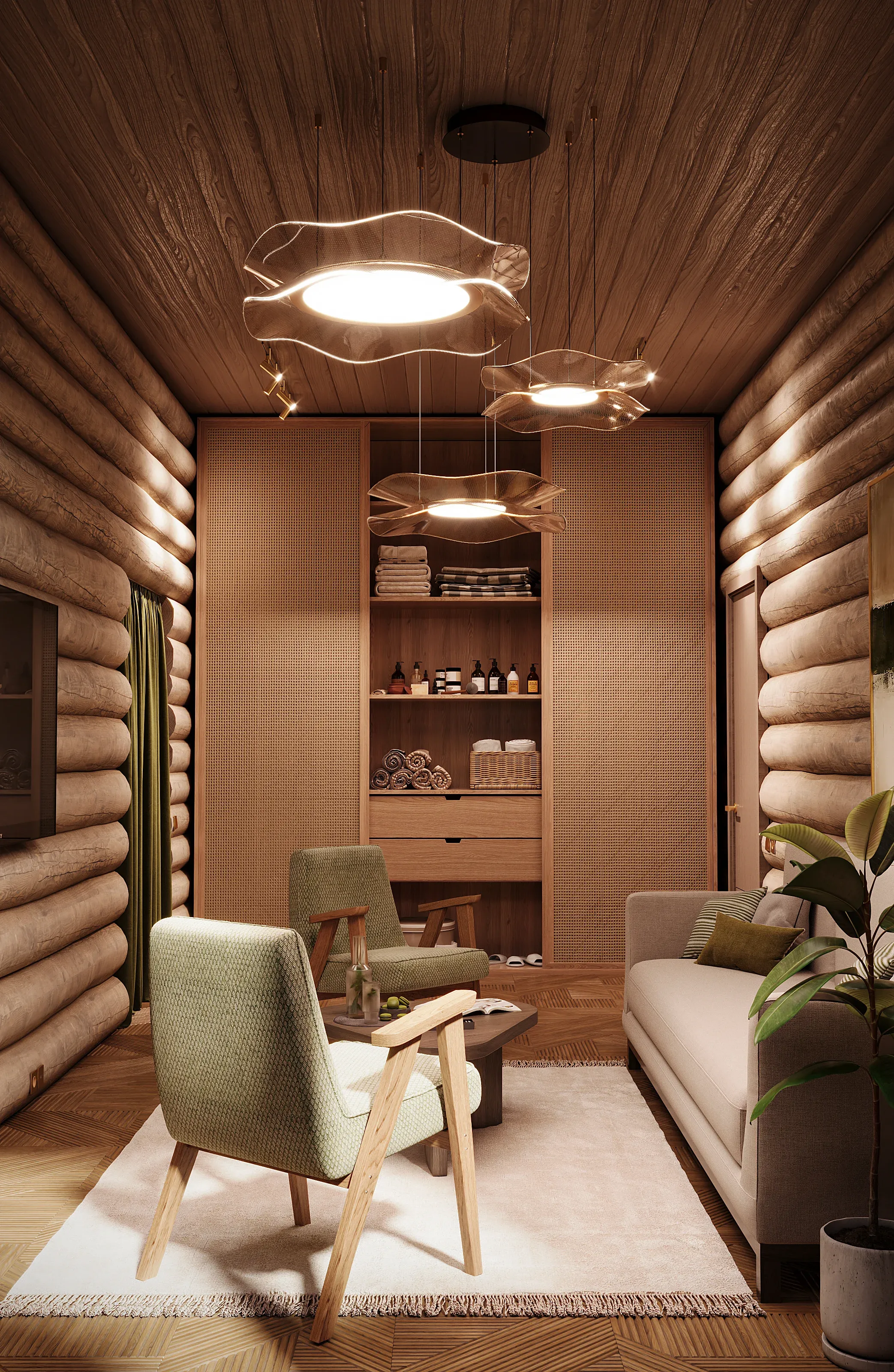 Architectural visualization of a cozy wellness retreat lounge area, highlighting bespoke rattan wardrobes, comfortable seating, and rustic log walls
