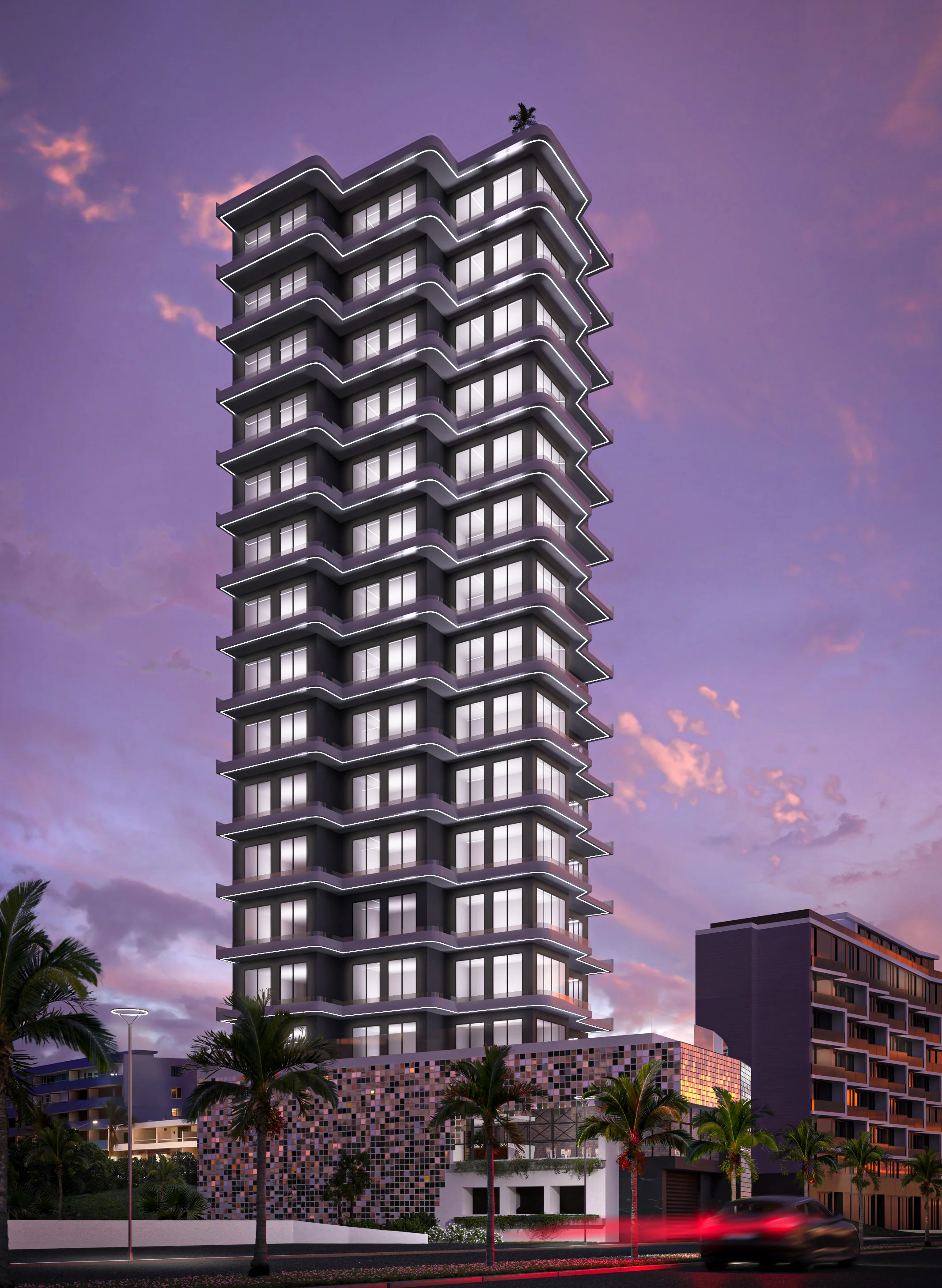3D rendering of a modern Mexican high-rise building with wavy dark façade, white contour lighting, mosaic base, and purple sunset sky