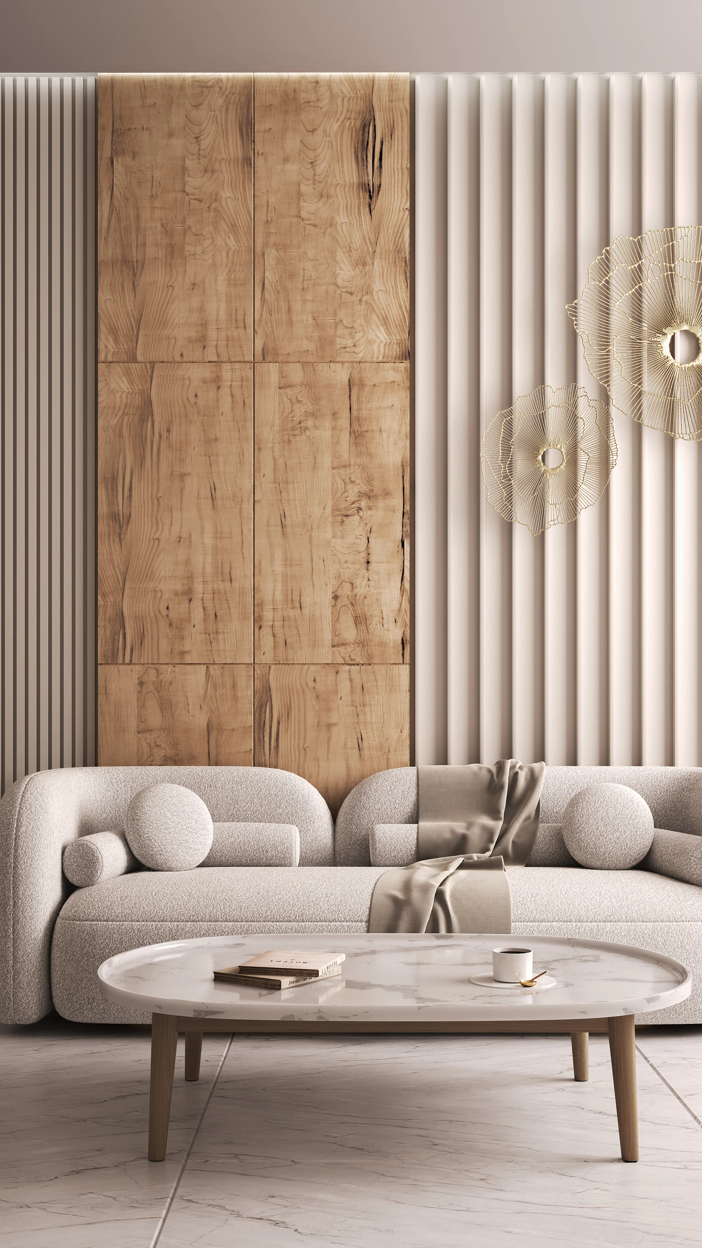Modern living room with a textured boucle sofa, spherical pillows, an oval marble coffee table holding a book and cup, and a feature wall combining wood panels, cream fluted panels, and gold wire art